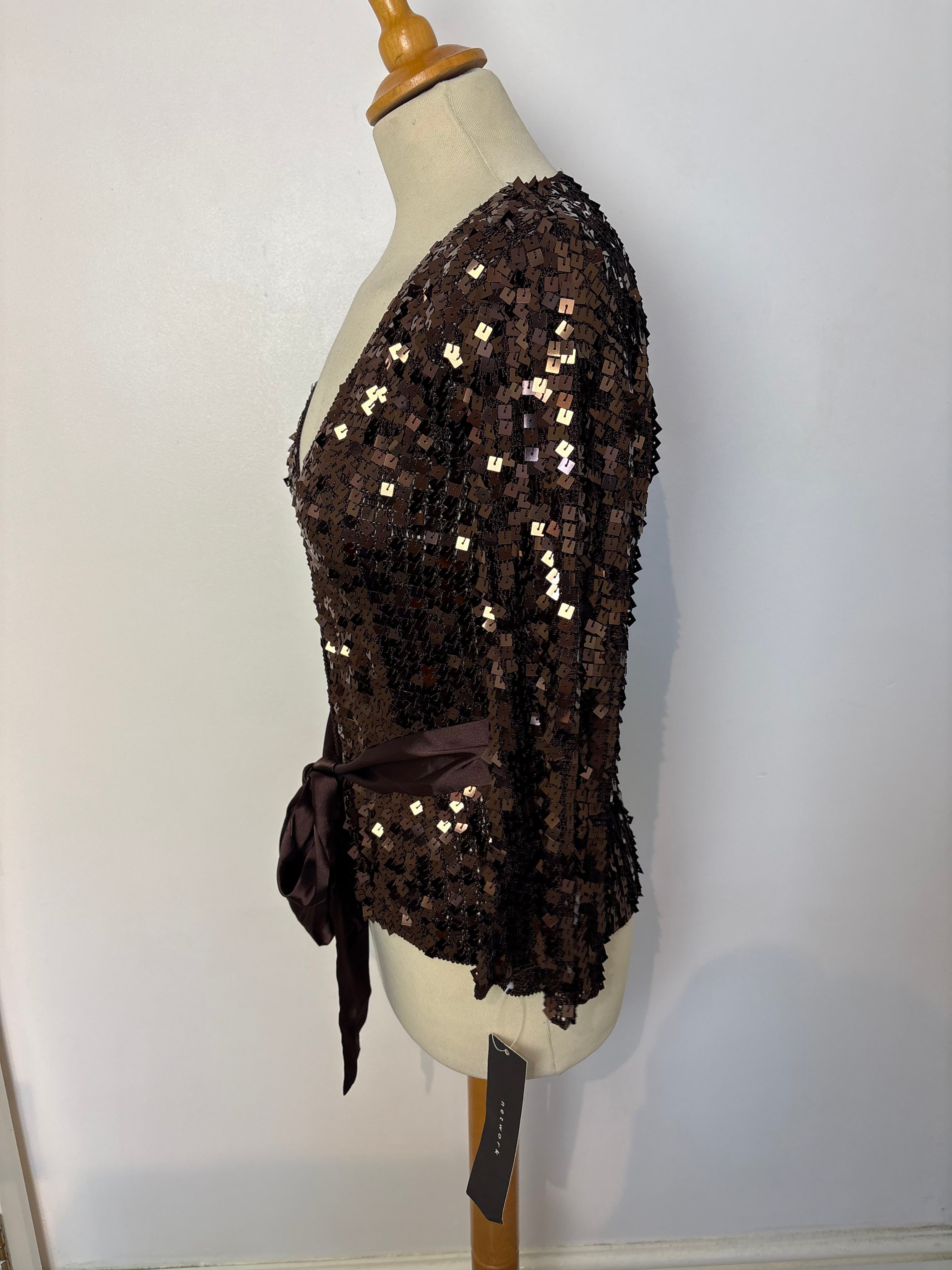 Handmade brown crochet heavily sequined tie-up cardigan