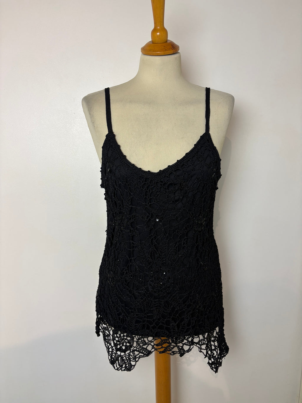 Handmade black crochet sequined long top