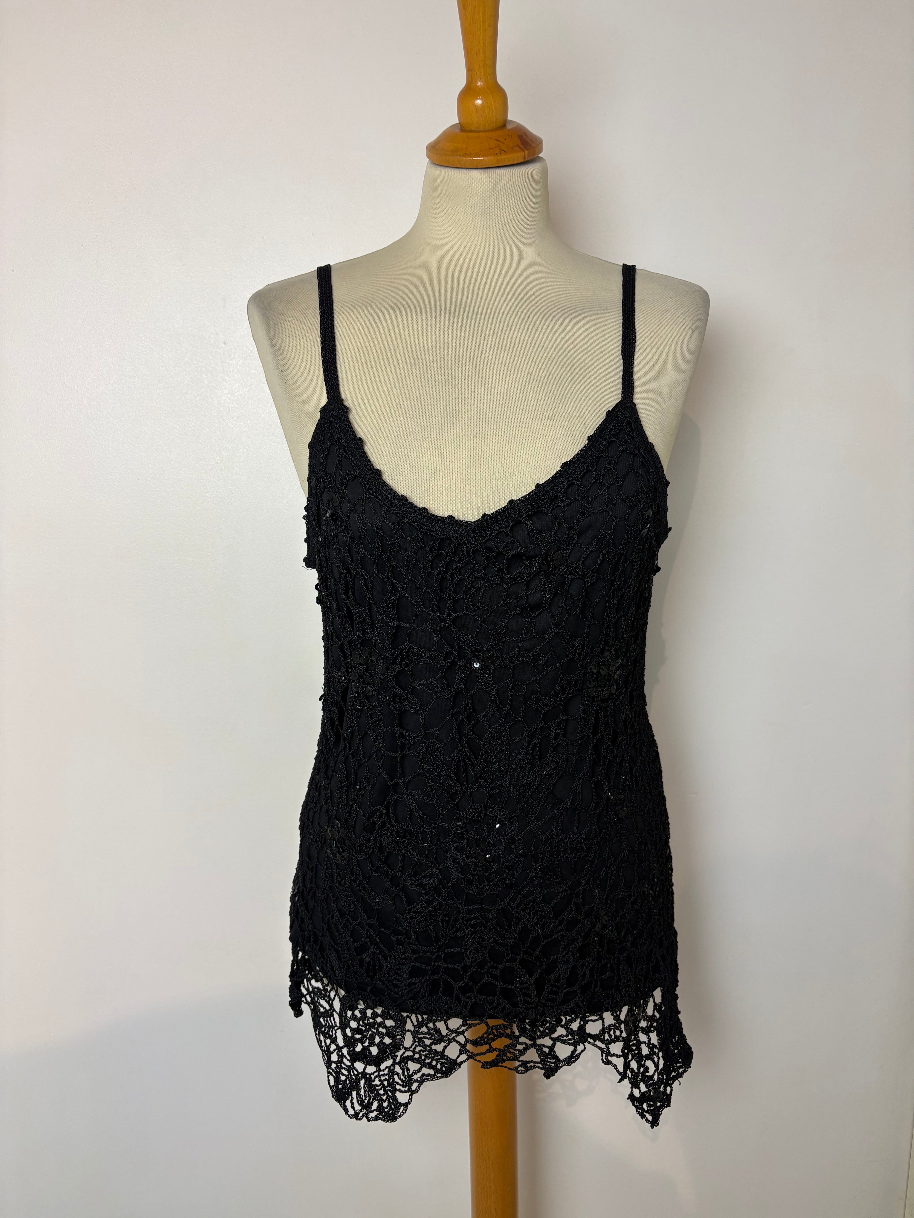 Handmade black crochet sequined long top