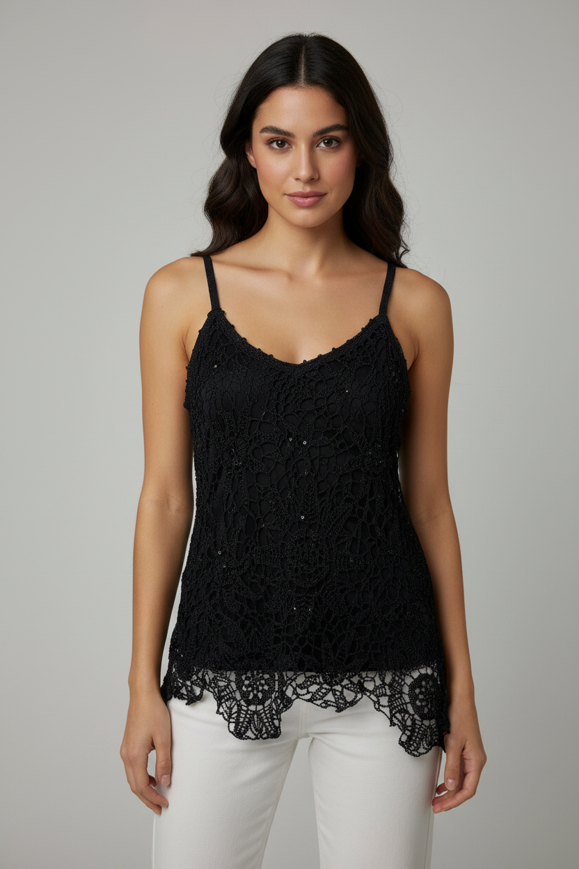 Handmade black crochet sequined long top