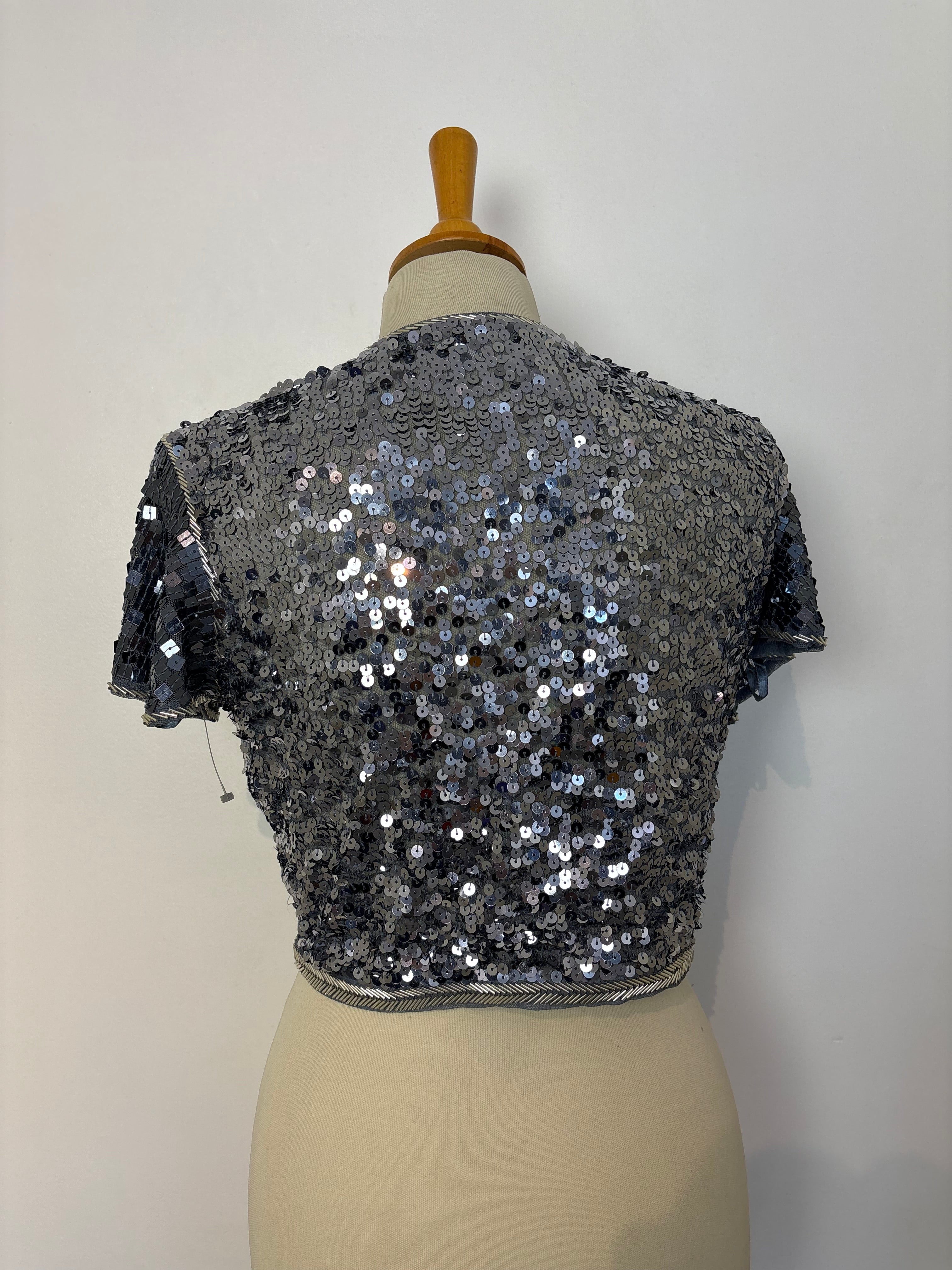 Grey mesh sliver sequined tie-up bolero