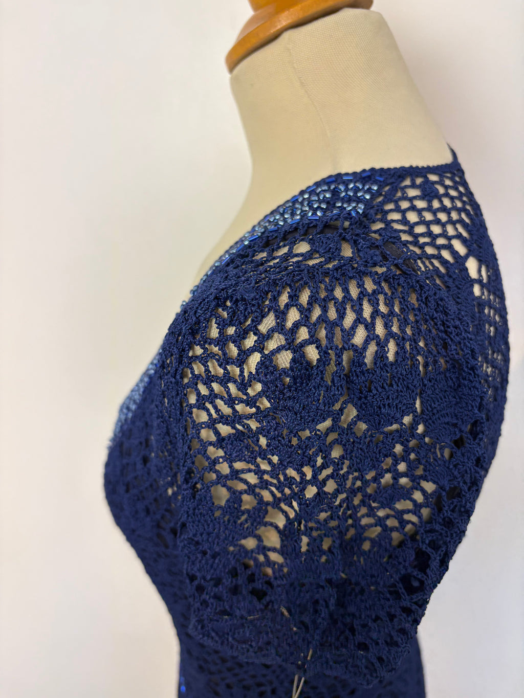 Handmade blue crochet beaded lined top
