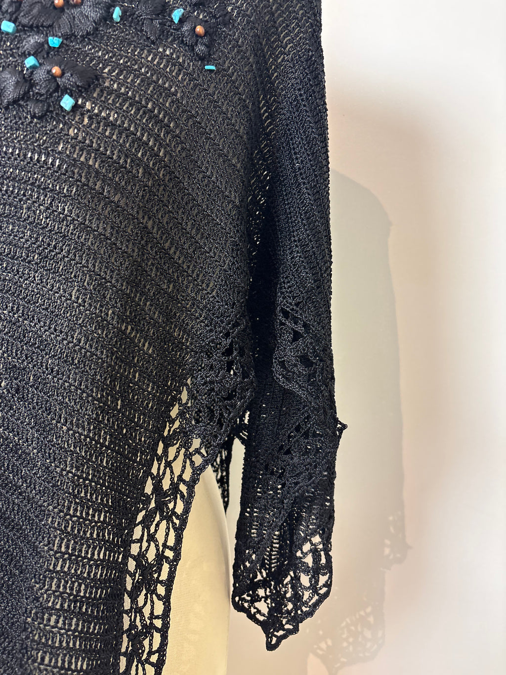 Handmade black crochet beaded one-shoulder top