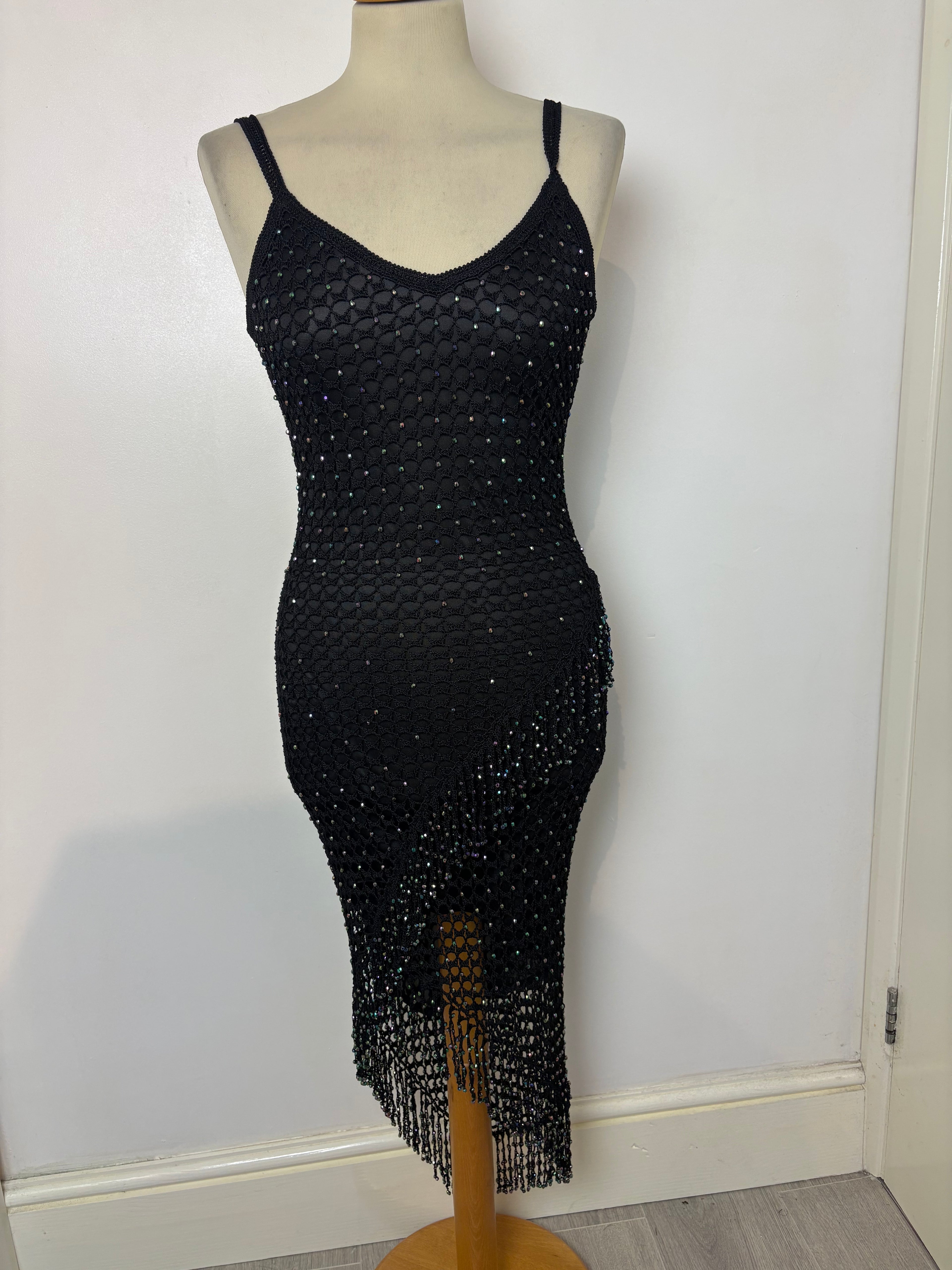 Handmade black crochet iridescent beaded lined dress￼