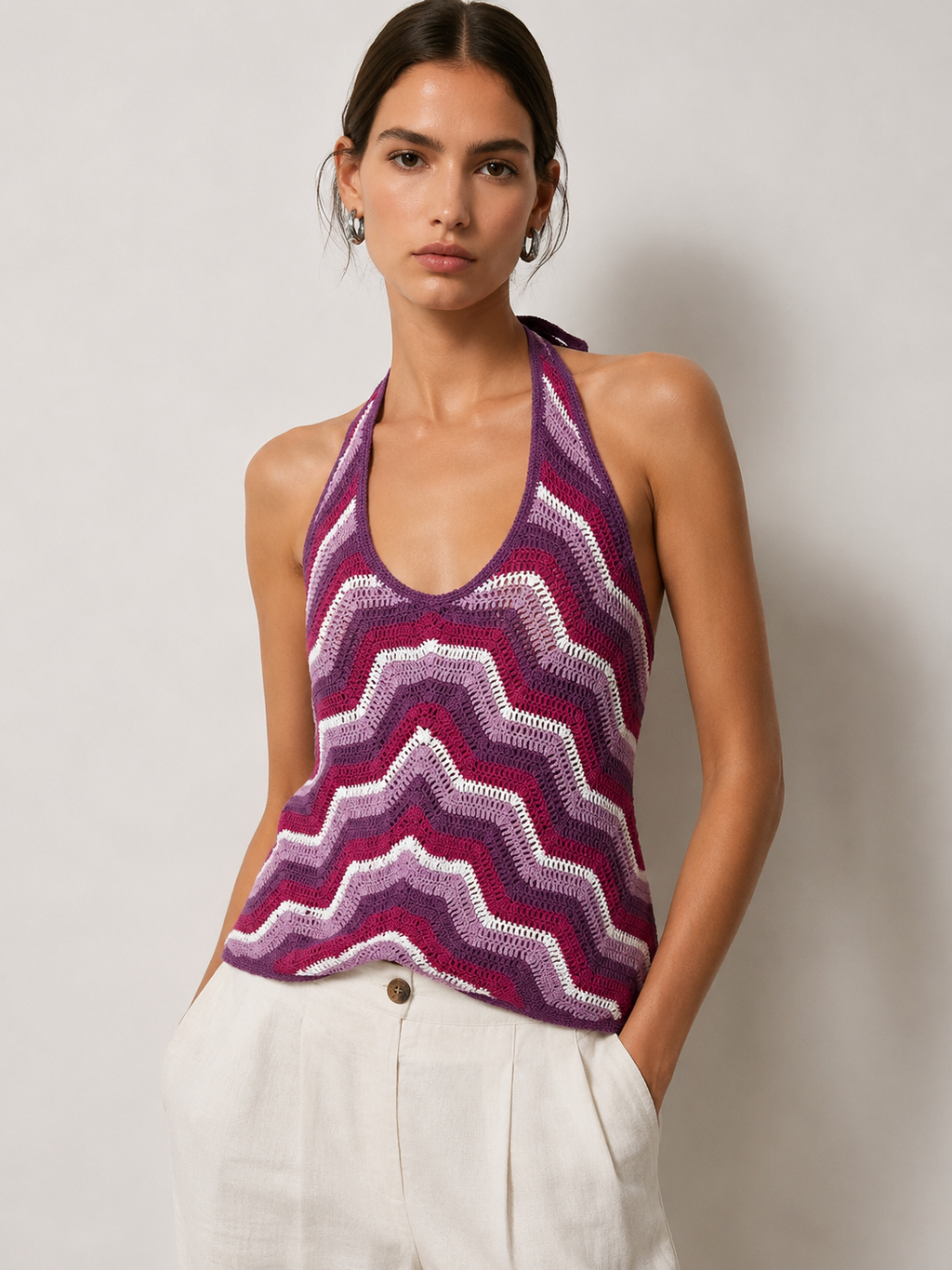 Handmade pink crochet lined chevron-pattern halterneck