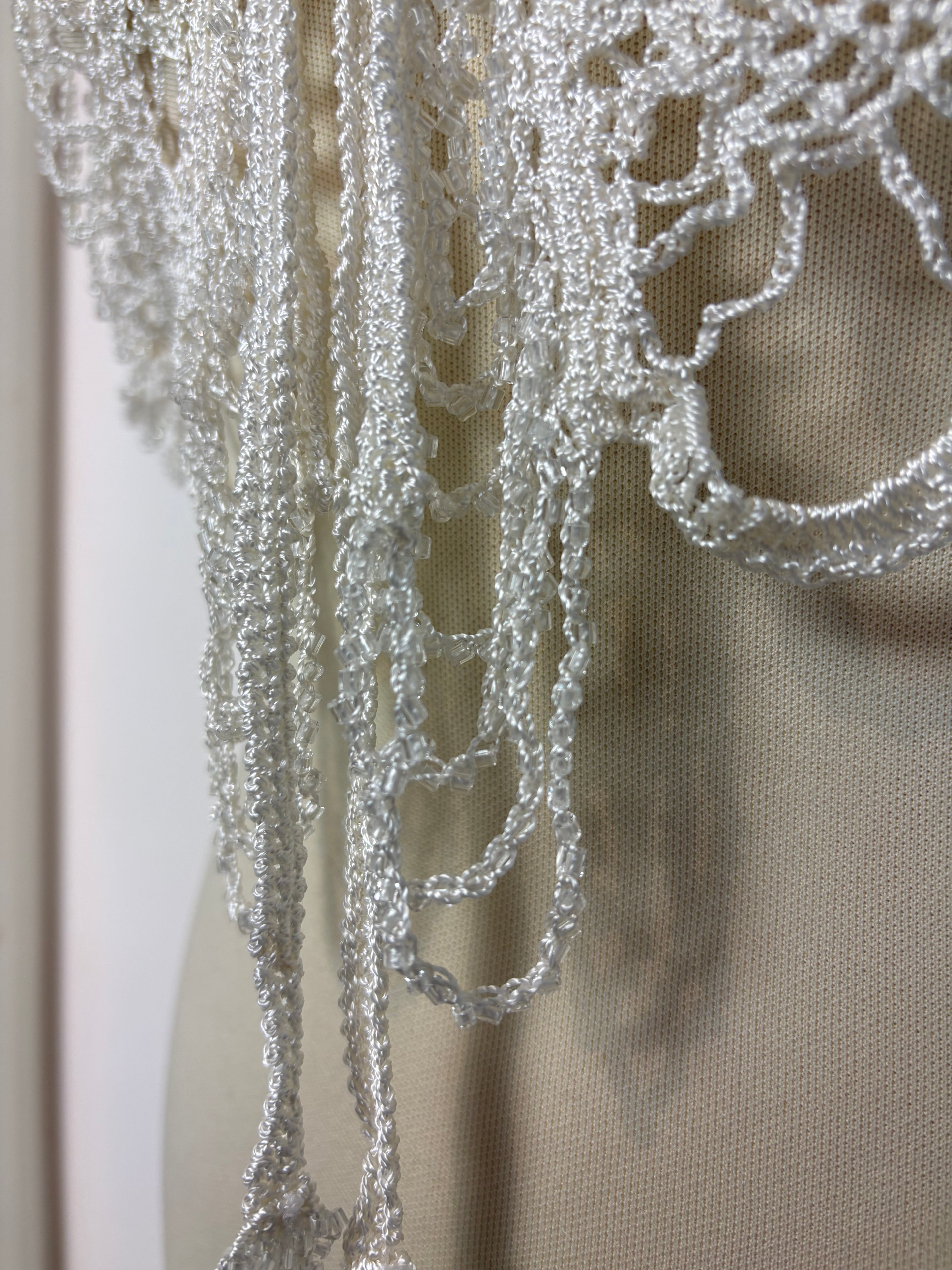 Handmade ivory crochet beaded tie-up bolero