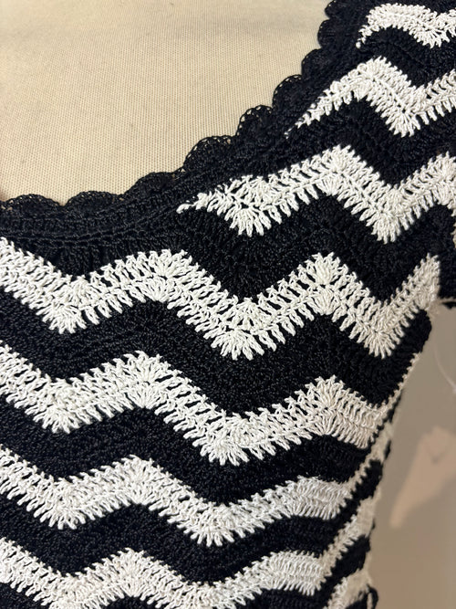 Handmade black and white chevron-pattern crochet lined top