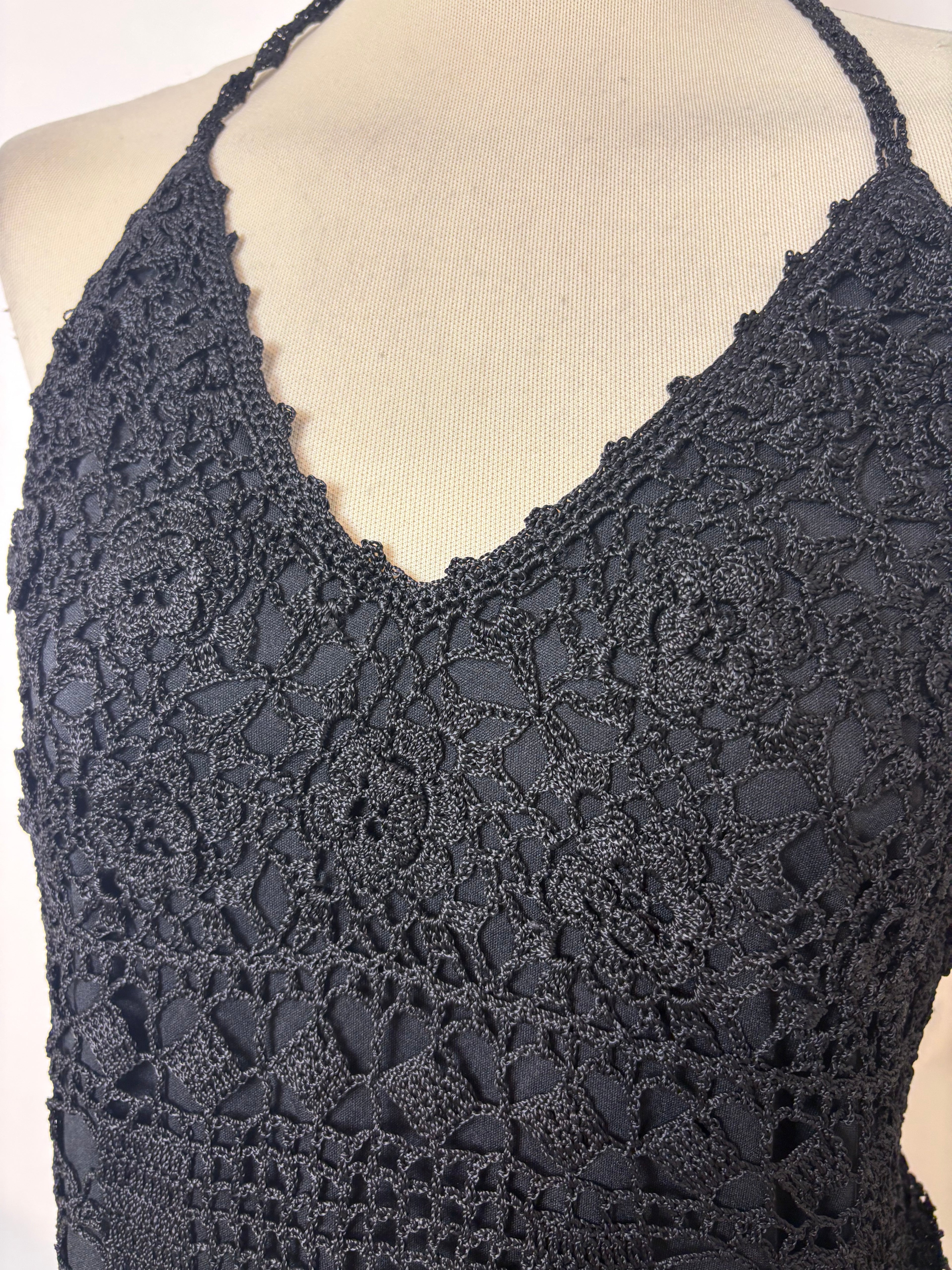 Handmade black crochet backless lined halterneck top