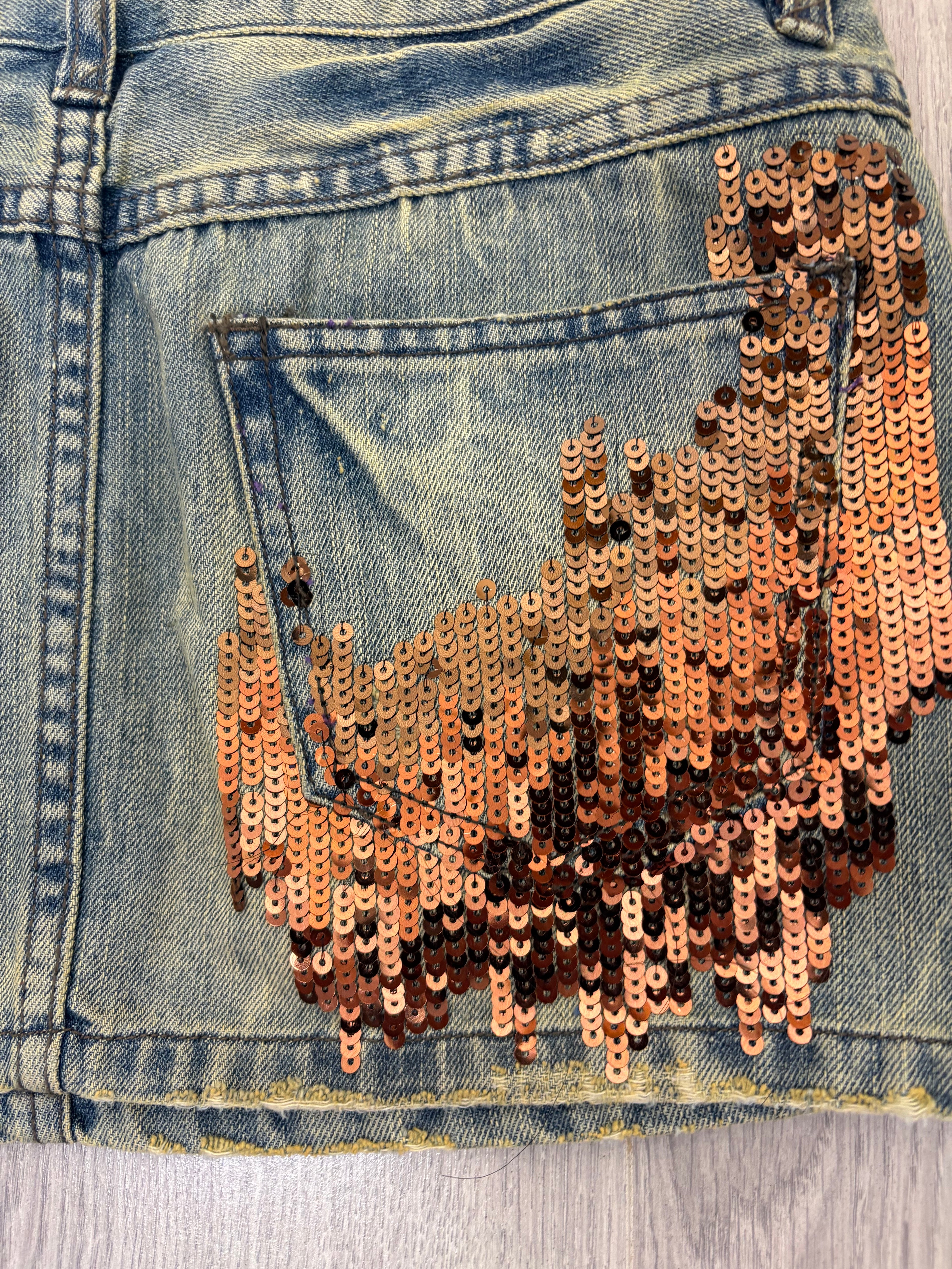 Denim bronze sequined mini skirt