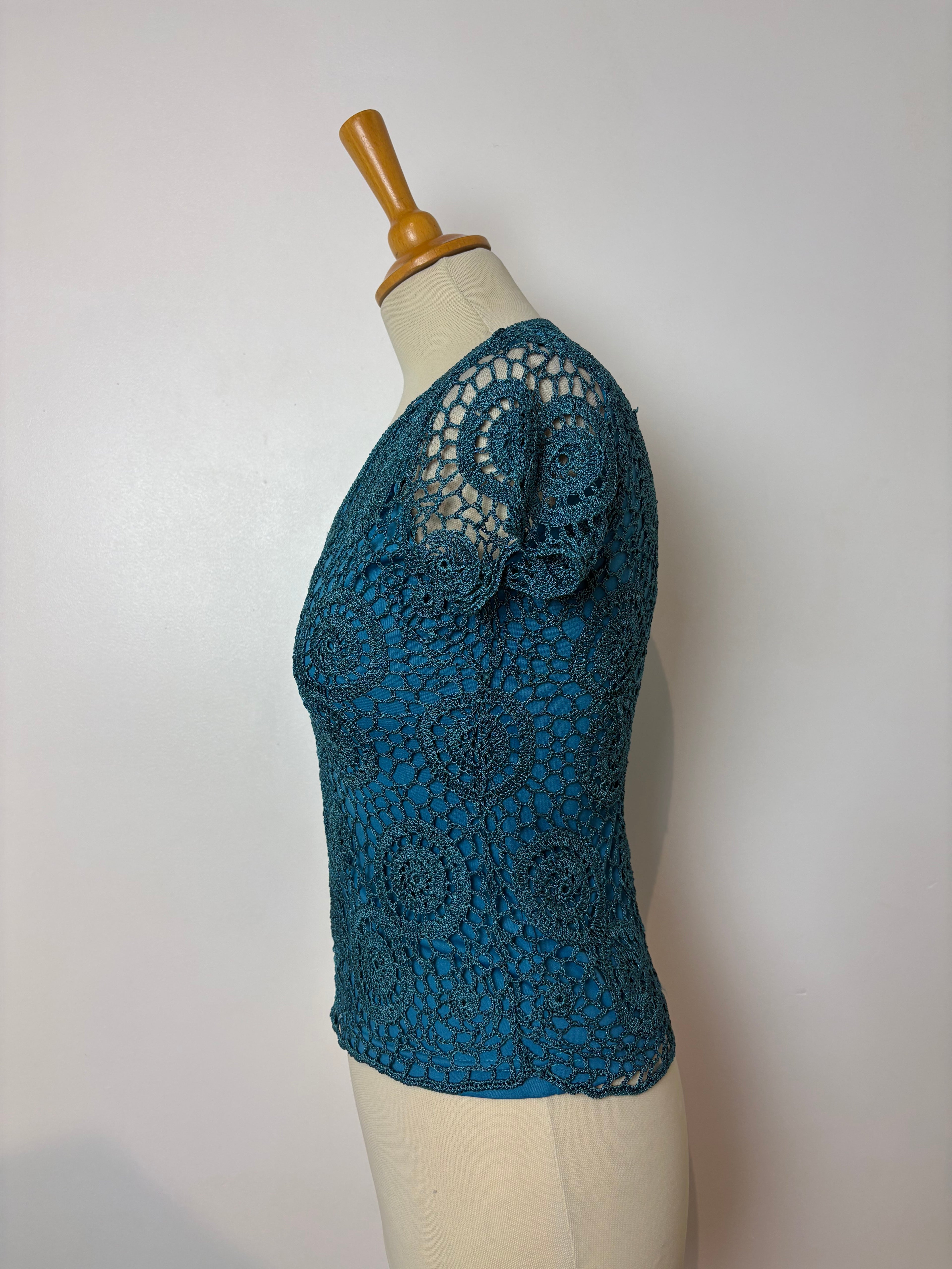 Handmade turquoise crochet lined short-sleeved sparkly top