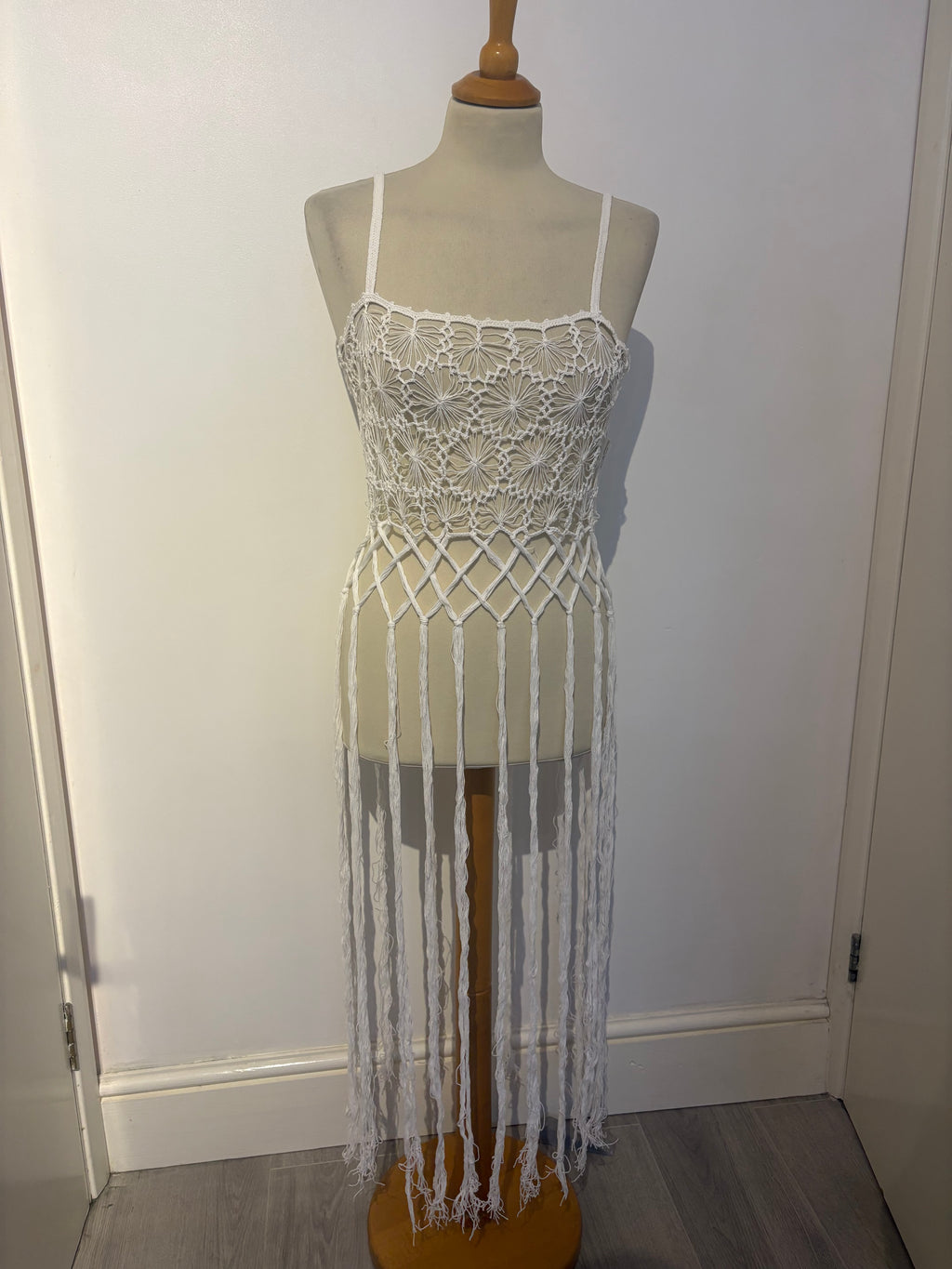 White crochet long-tassel beach dress