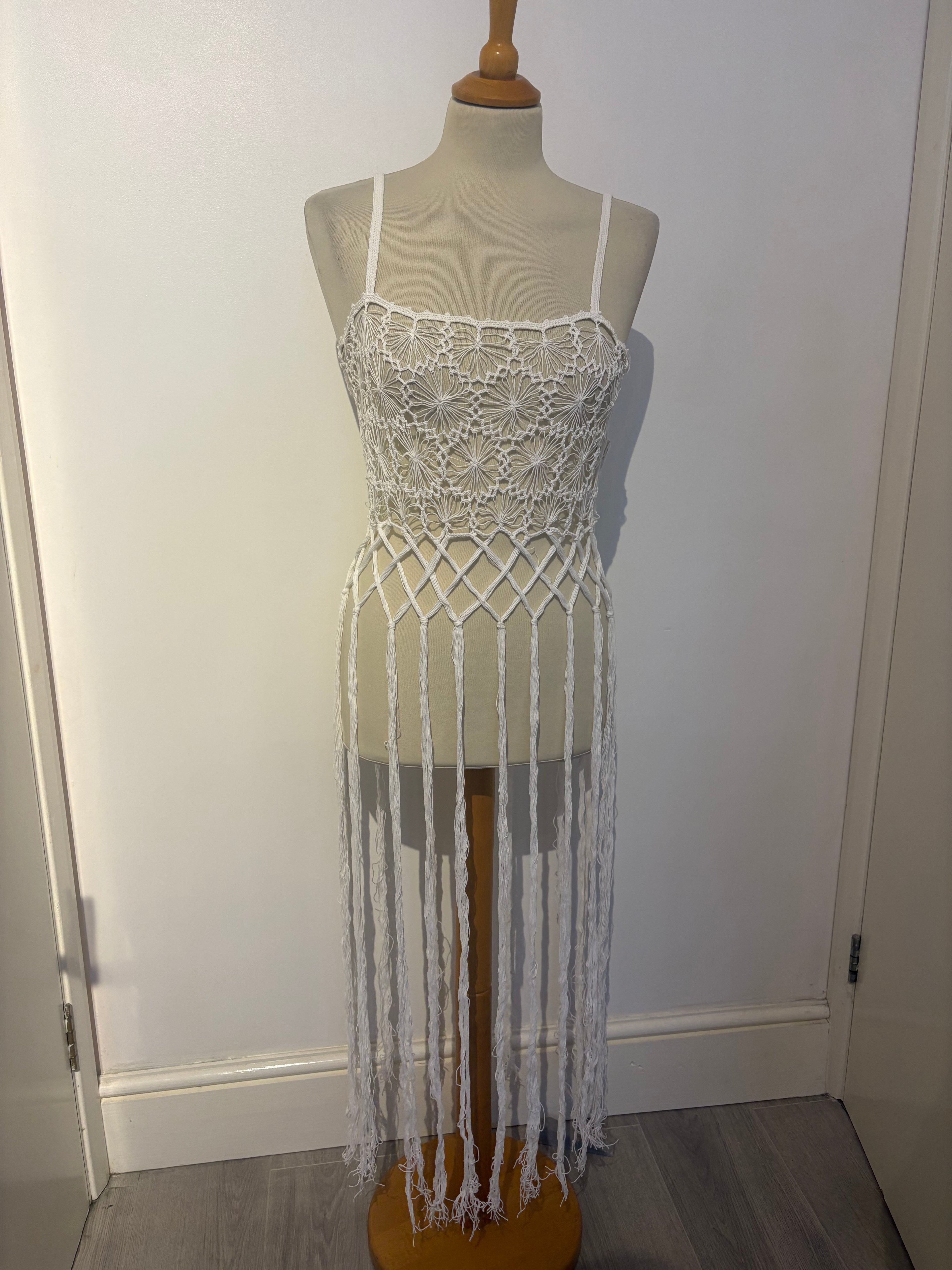 White crochet long-tassel beach dress