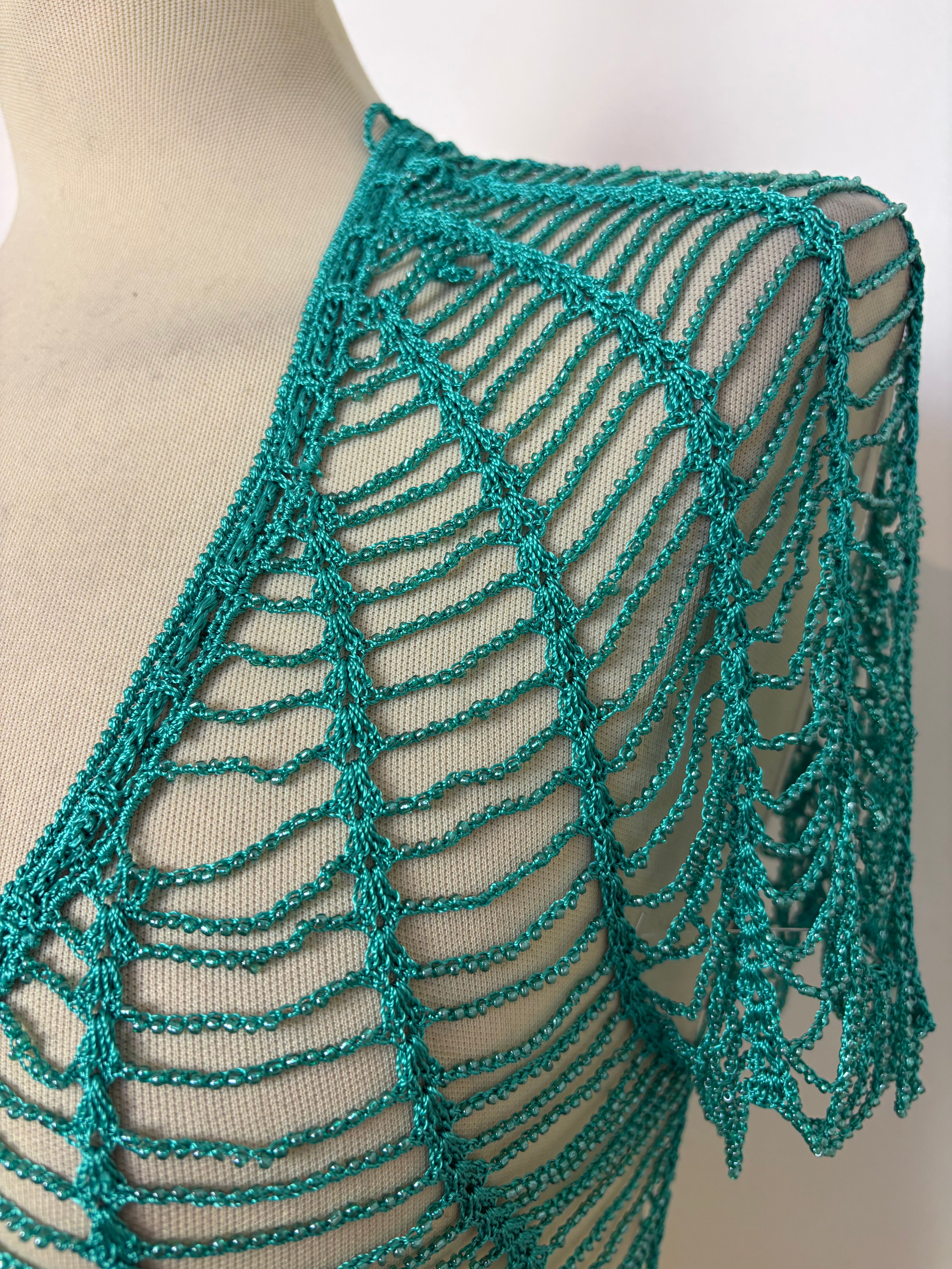 Handmade turquoise crochet beaded tie-up bolero