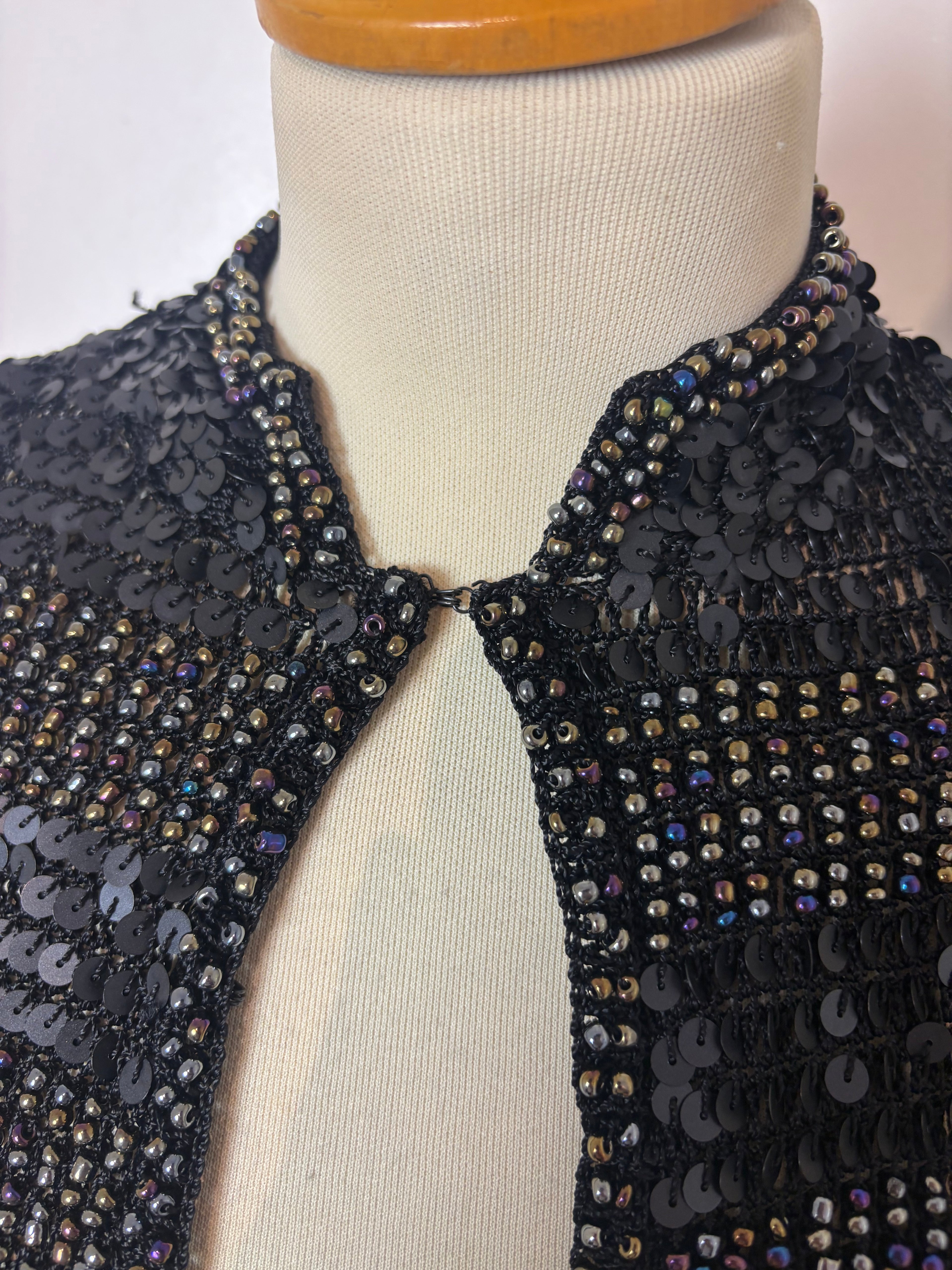 Handmade black crochet heavily sequined and beaded cardigan