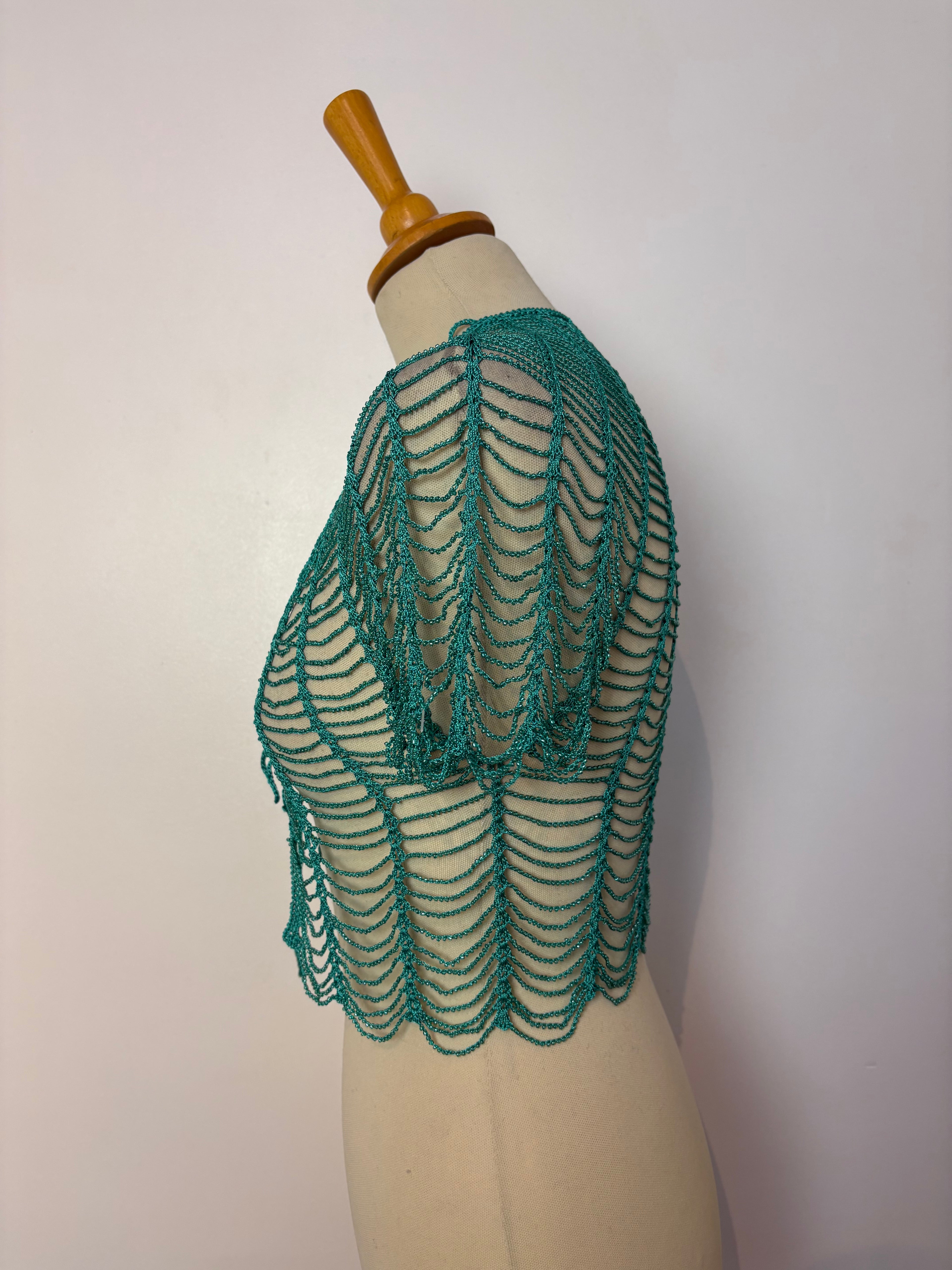 Handmade turquoise crochet beaded tie-up bolero
