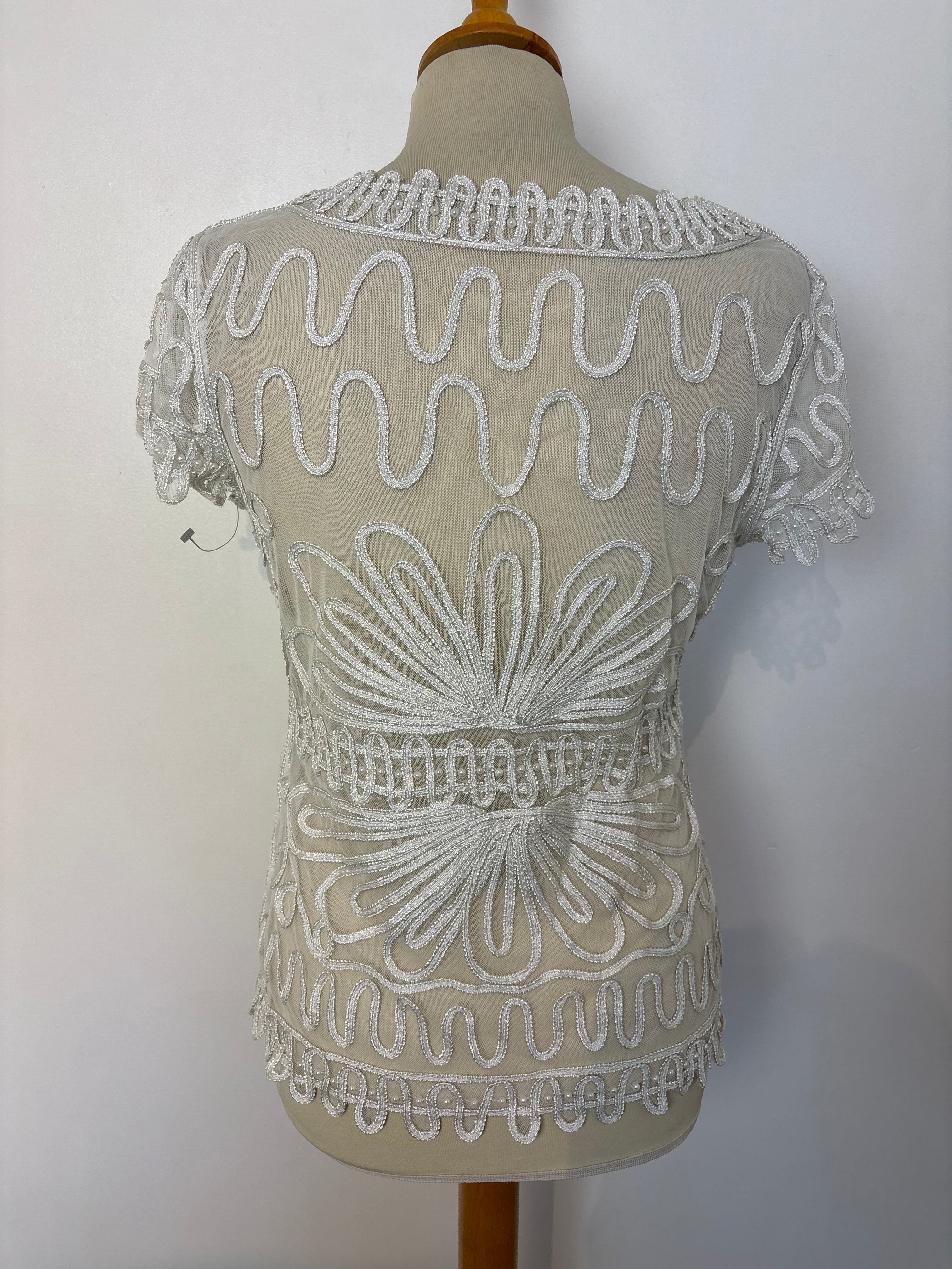 White mesh Cornelli-patterned beaded top