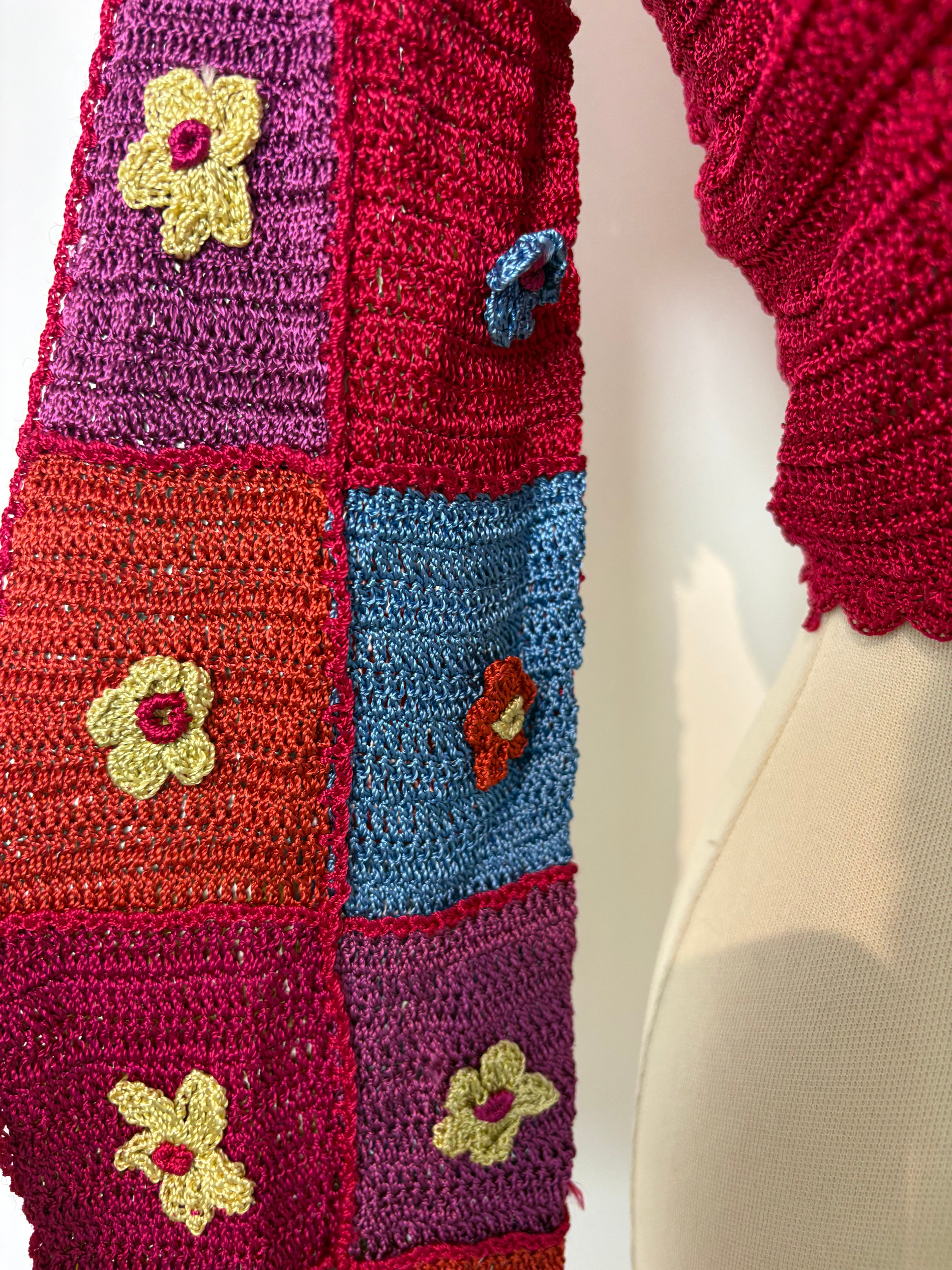 Handmade cerise crochet flower-patterned-long-sleeved cardigan