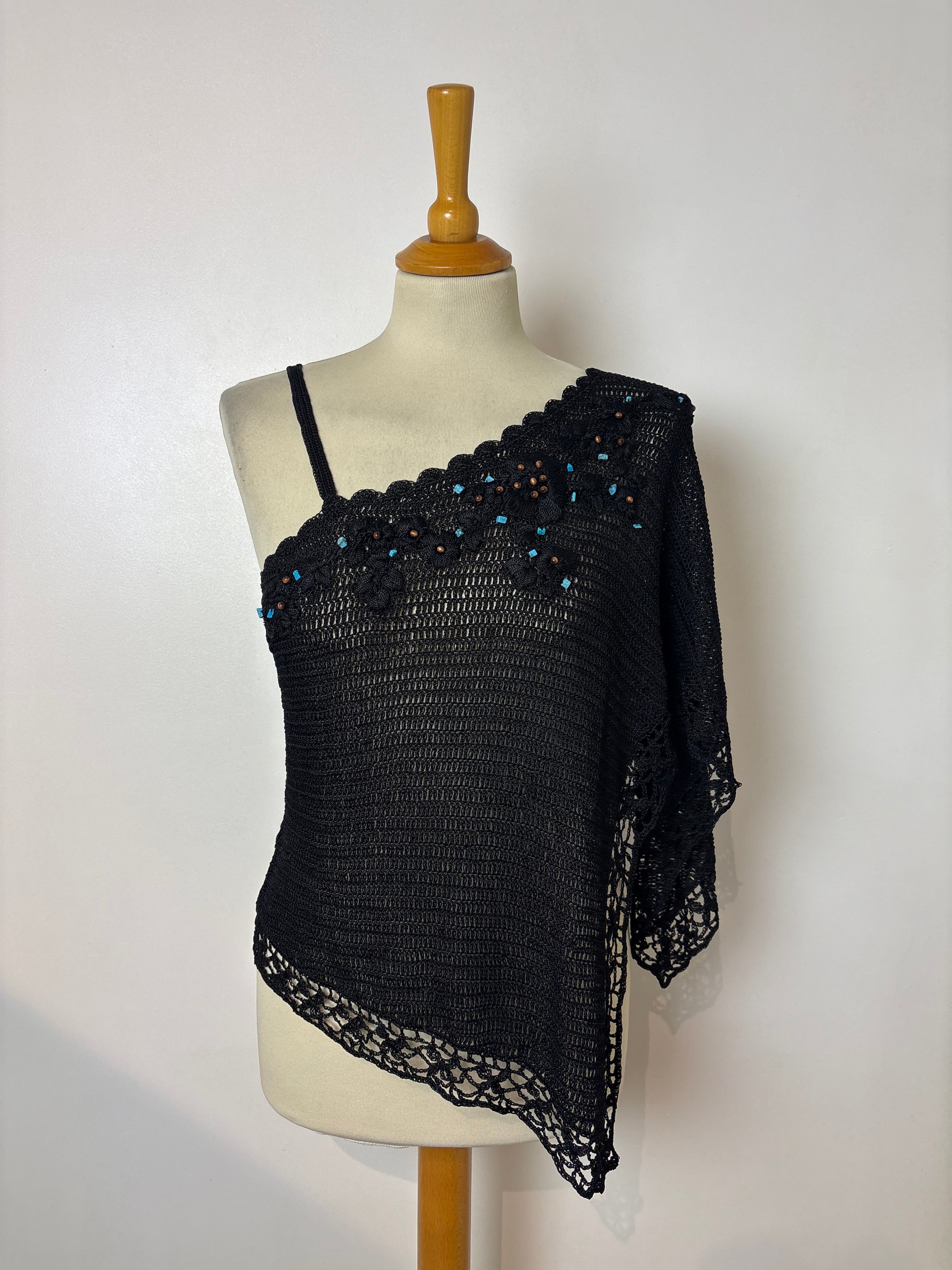 Handmade black crochet beaded one-shoulder top