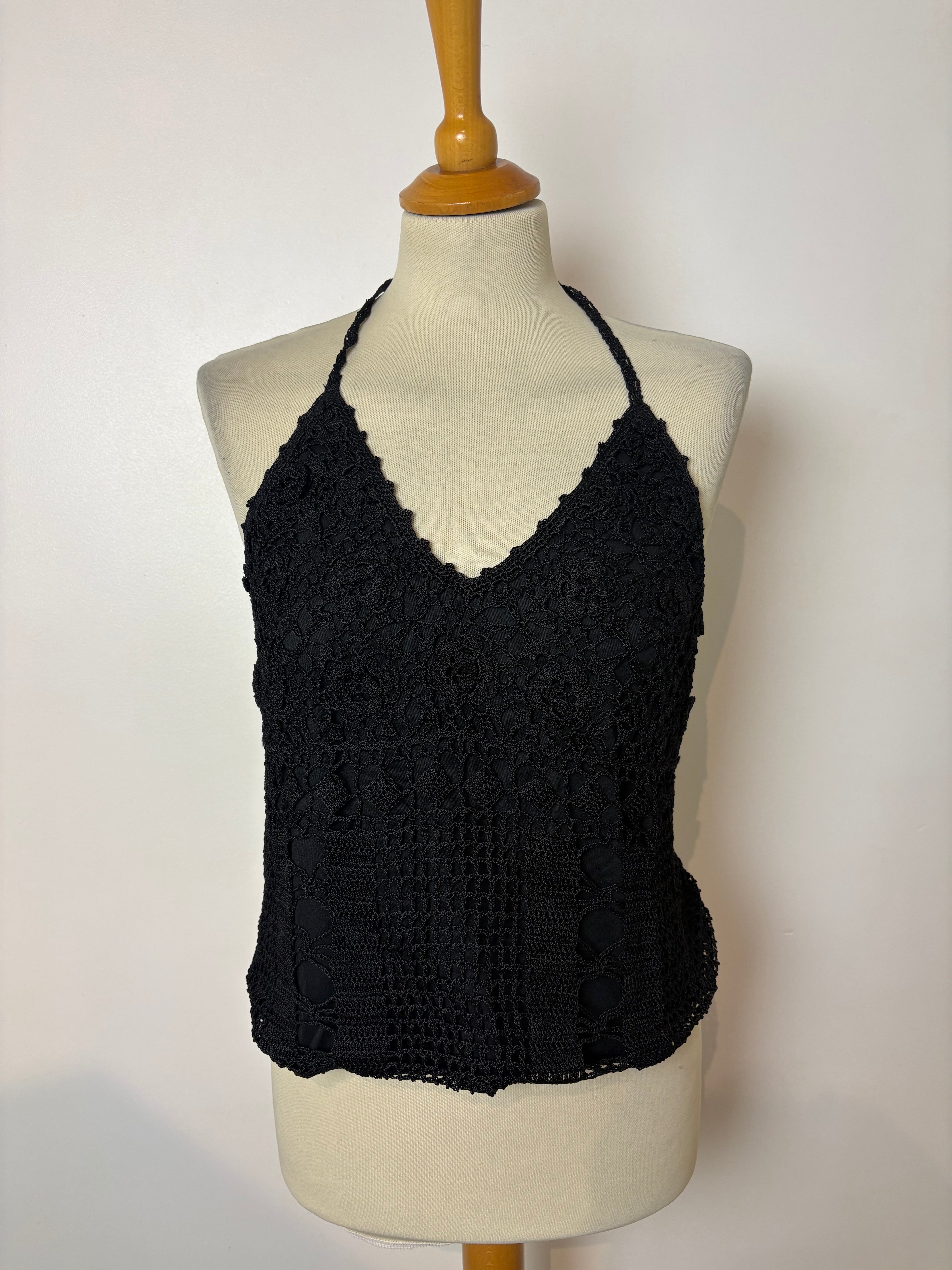 Handmade black crochet backless lined halterneck top