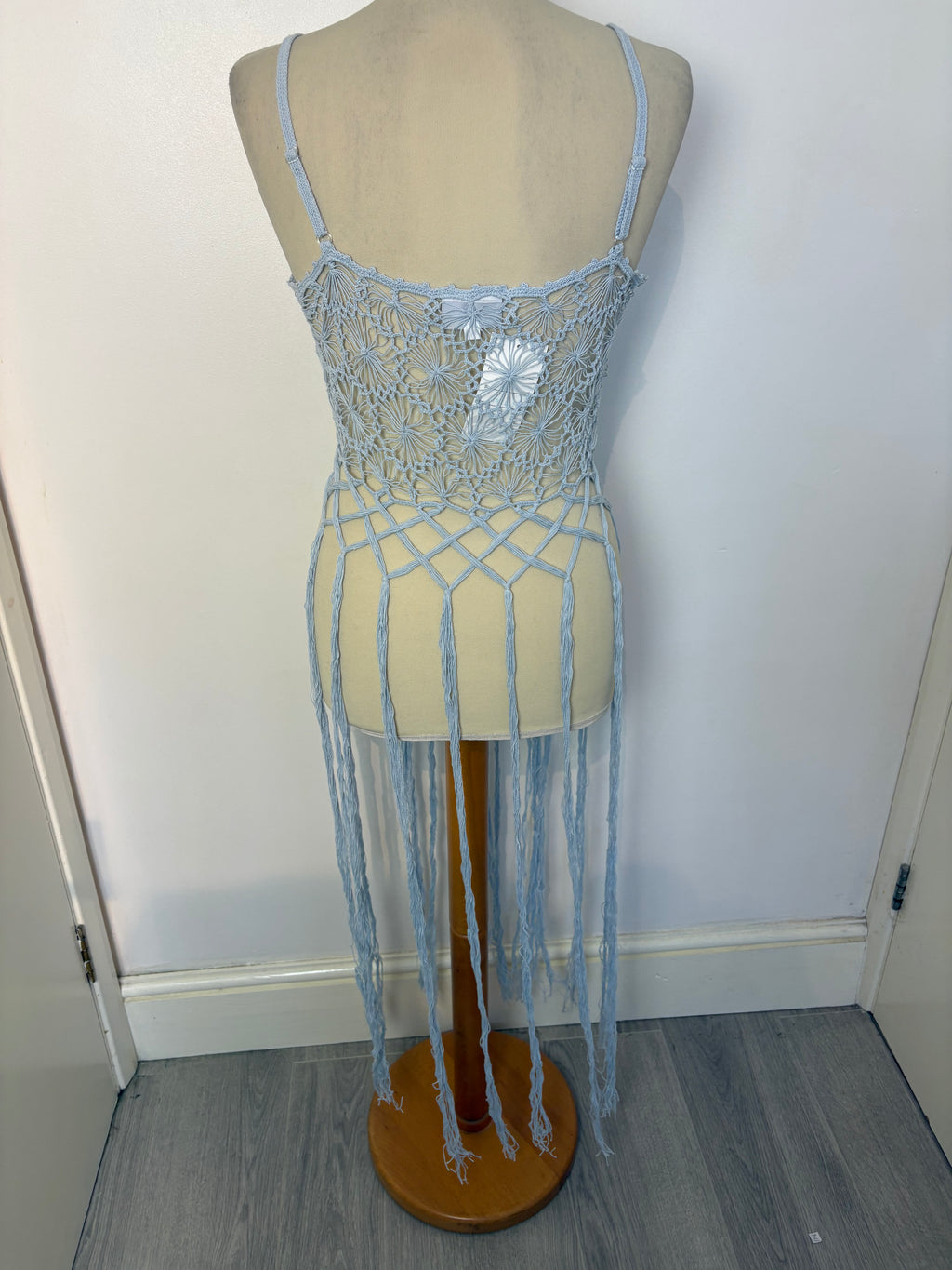 Light blue crochet long-tassel beach dress