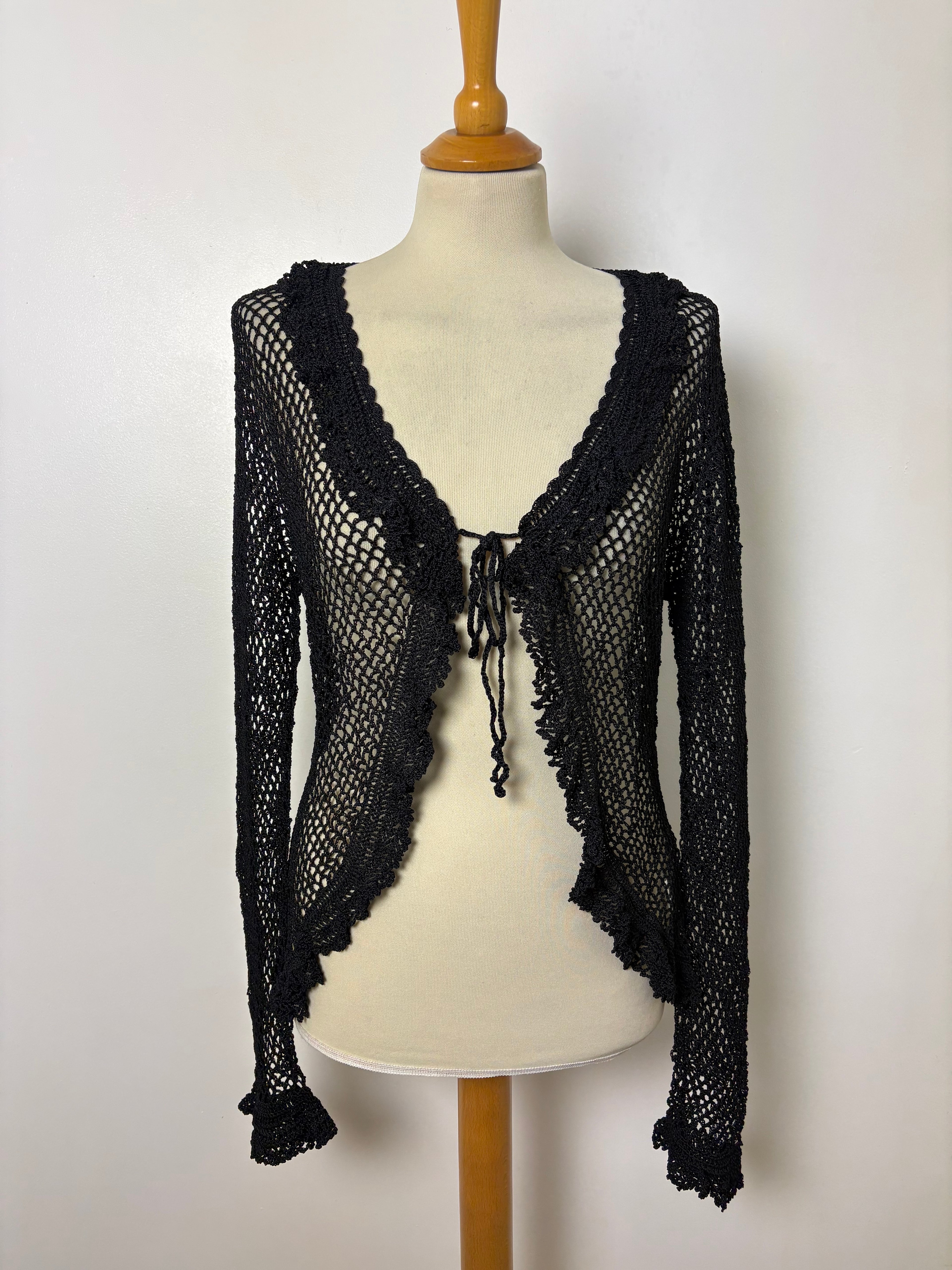 Handmade black crochet tie-up cardigan