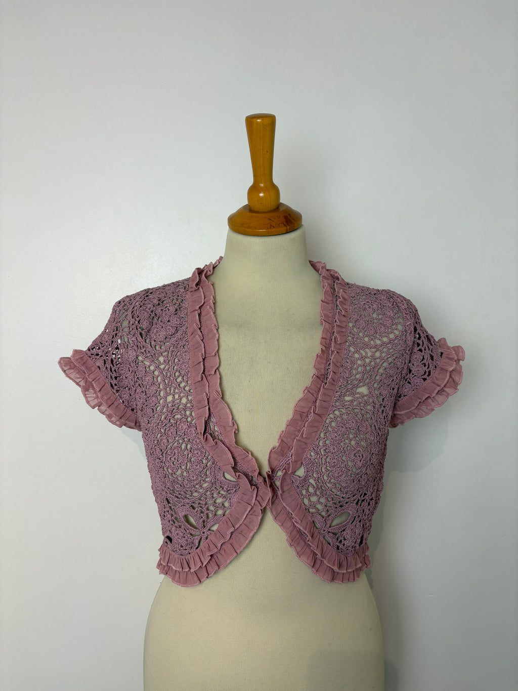Handmade pink crochet chiffon-sleeved bolero