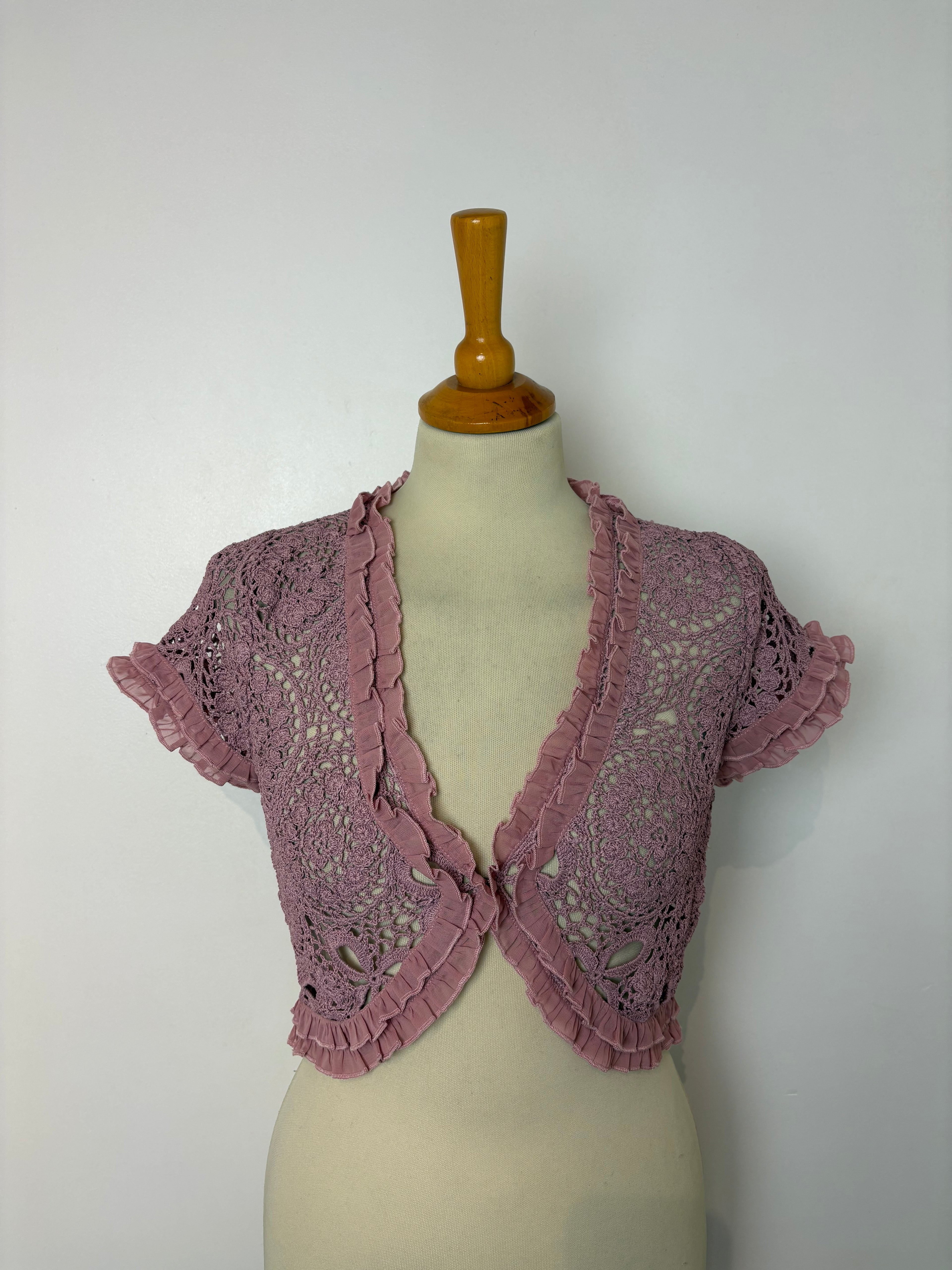 Handmade pink crochet chiffon-sleeved bolero