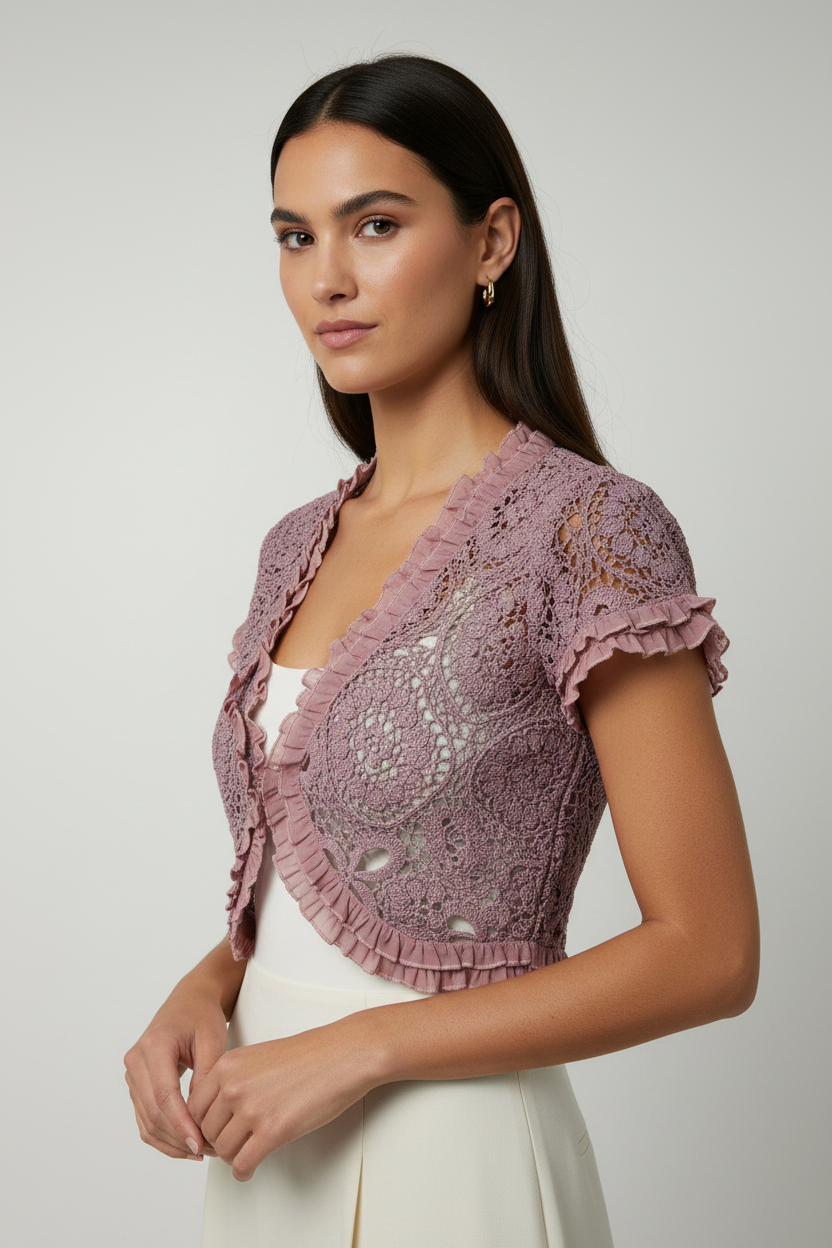Handmade pink crochet chiffon-sleeved bolero