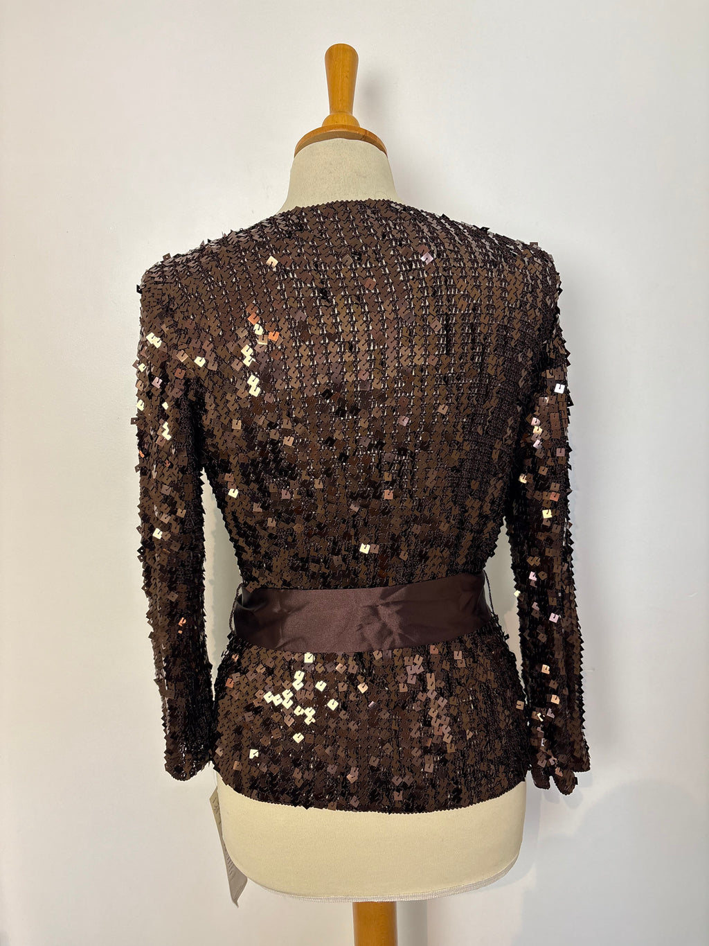 Handmade brown crochet heavily sequined tie-up cardigan