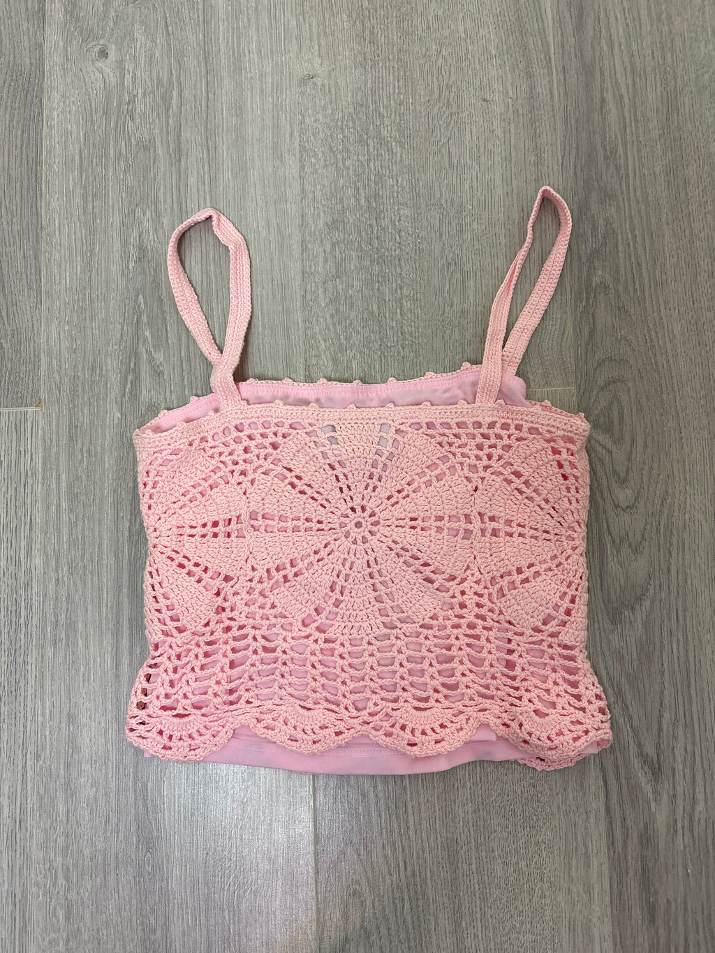 Handmade pink crochet strappy cami top