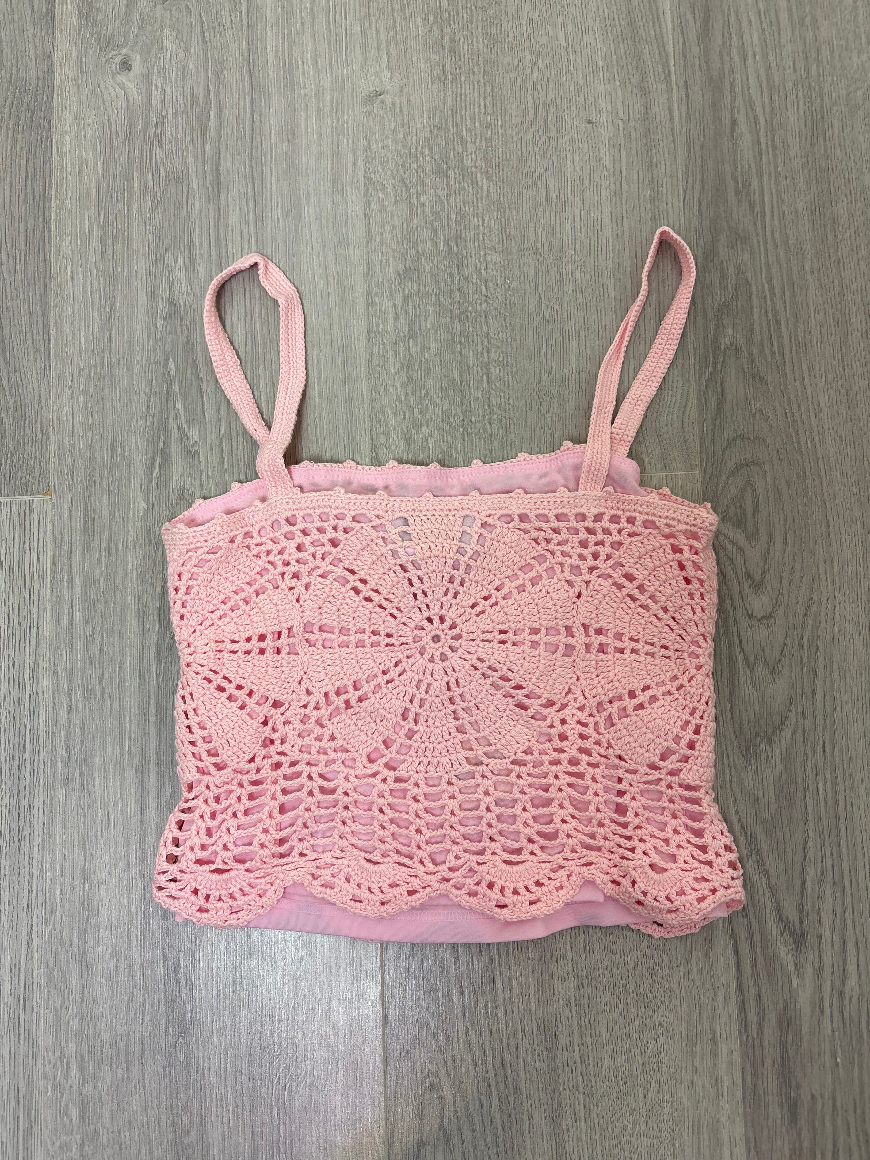 Handmade pink crochet strappy cami top