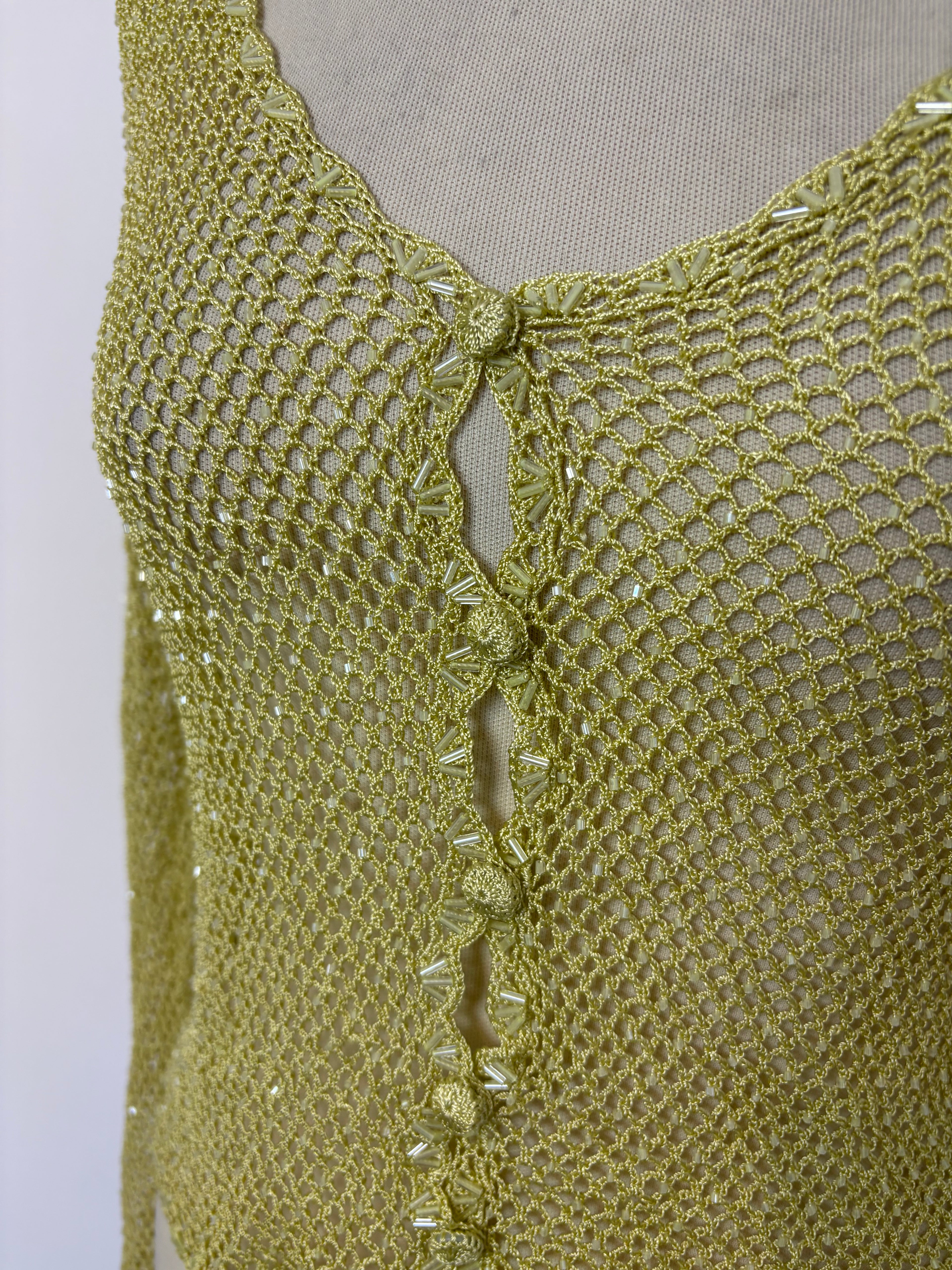 Handmade lime crochet beaded button-up cardigan