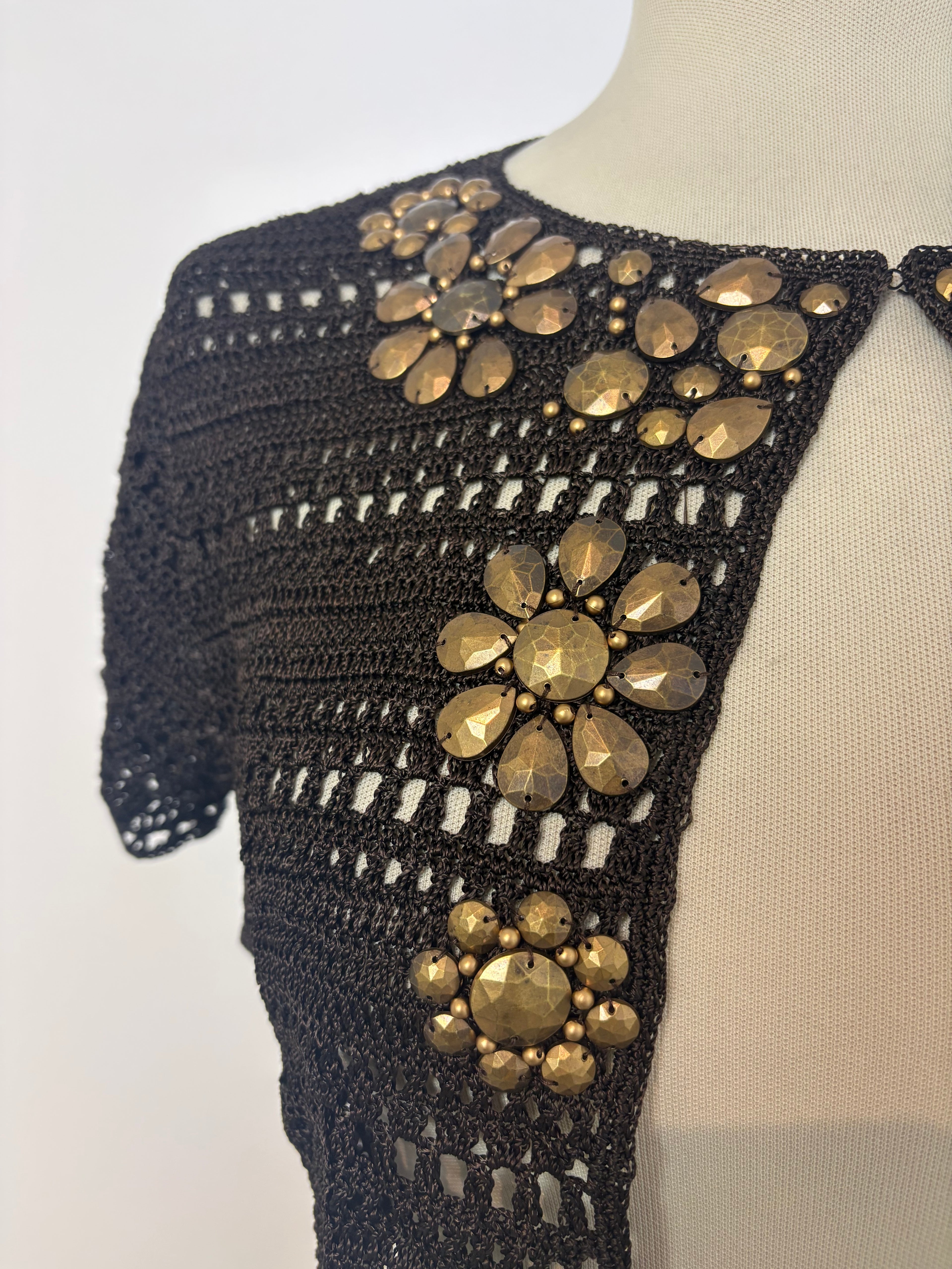 Handmade brown crochet gold-flower-beaded bolero