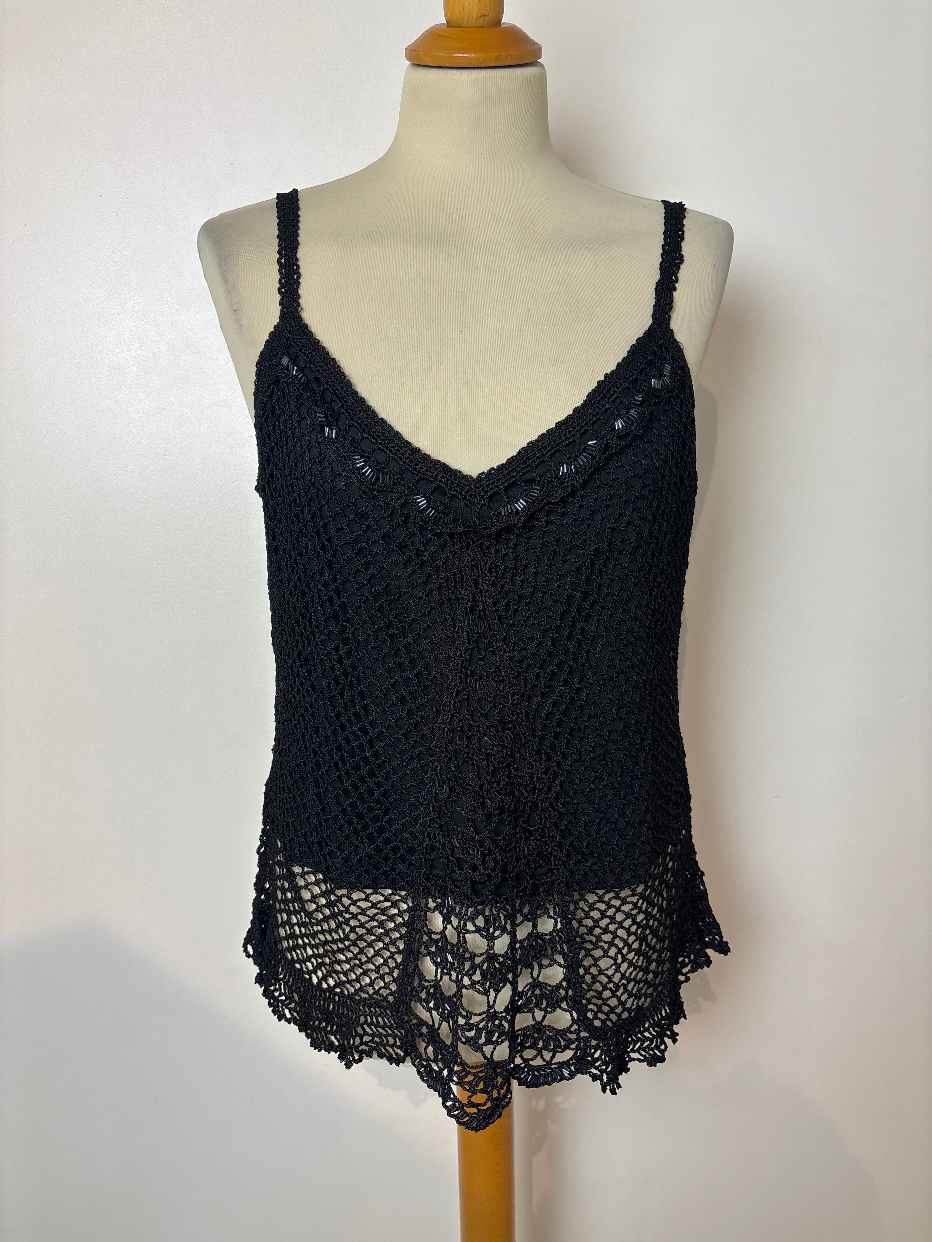 Handmade black crochet beaded lined top