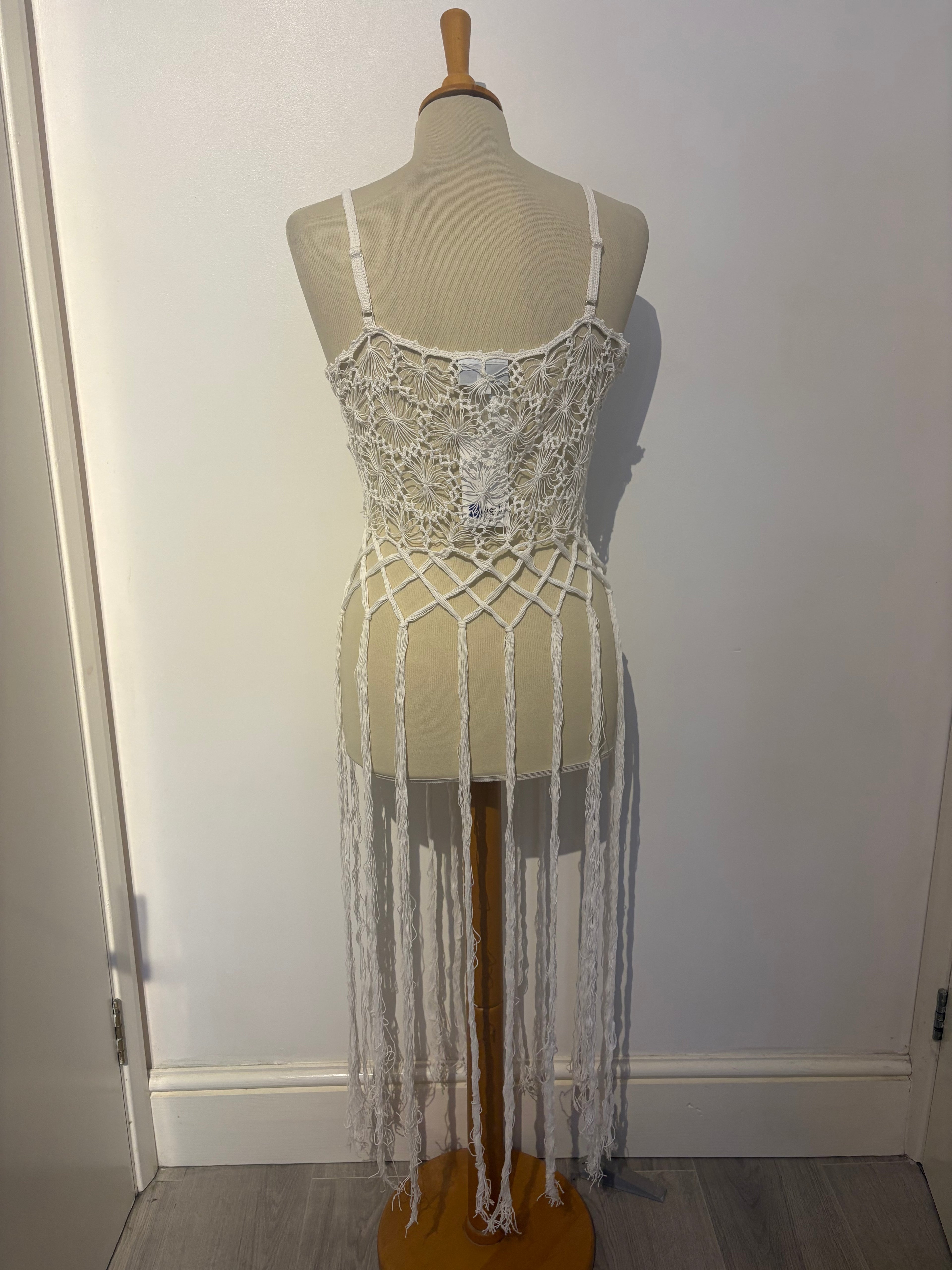 White crochet long-tassel beach dress