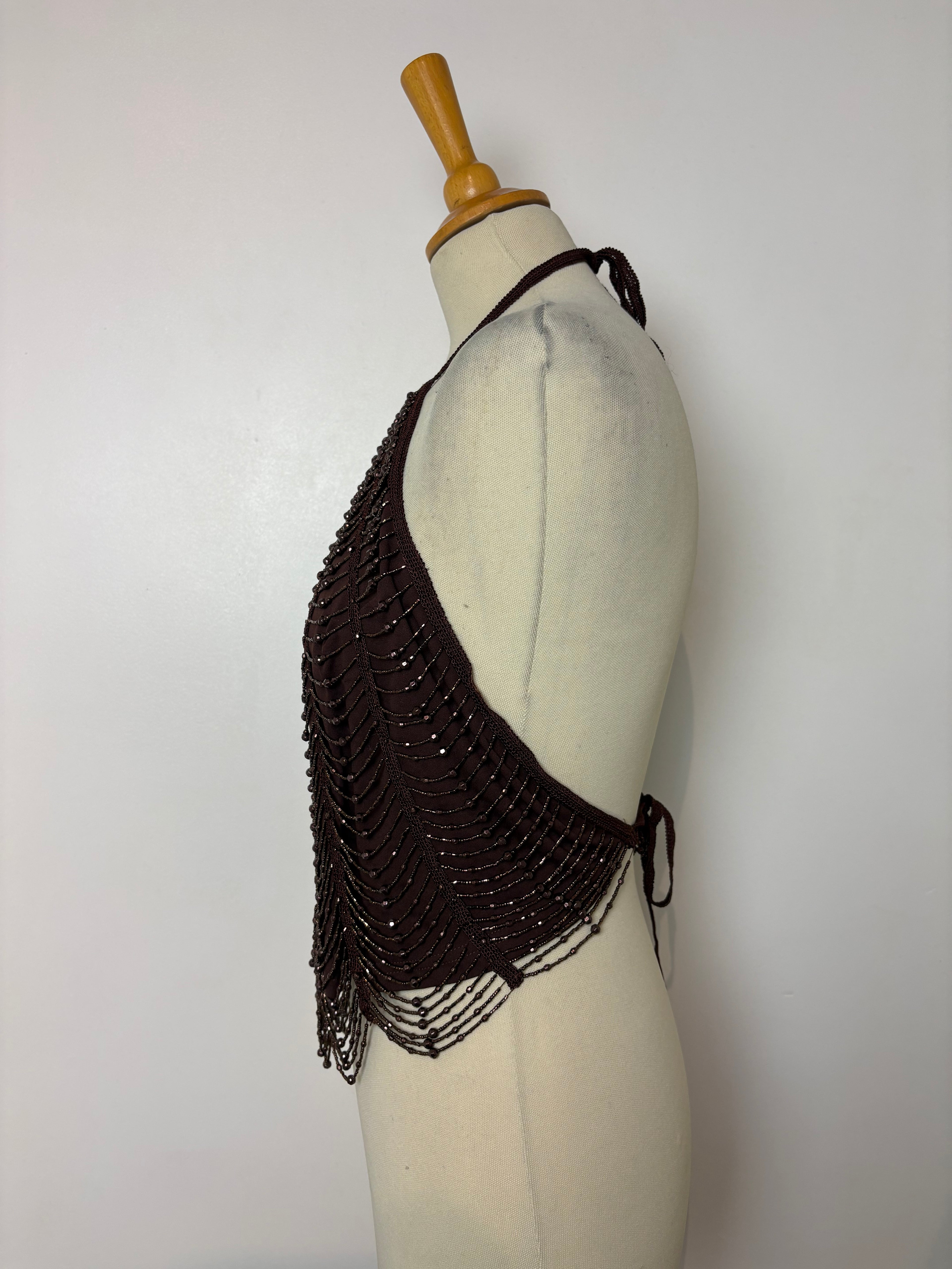 Handmade brown crochet beaded backless halterneck