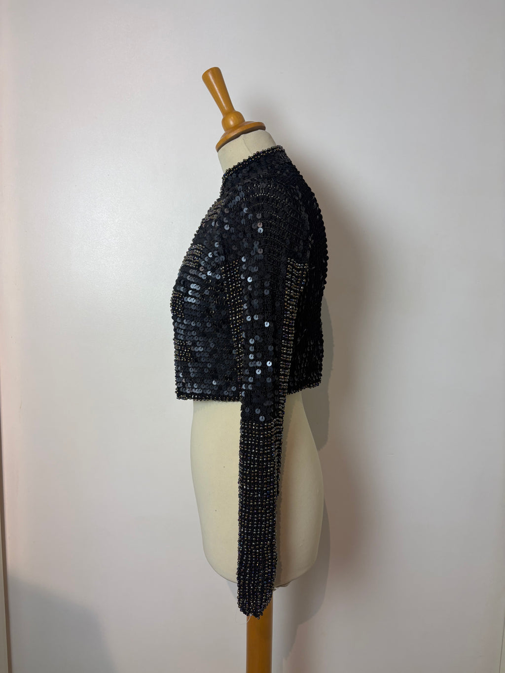 Handmade black crochet heavily sequined and beaded cardigan