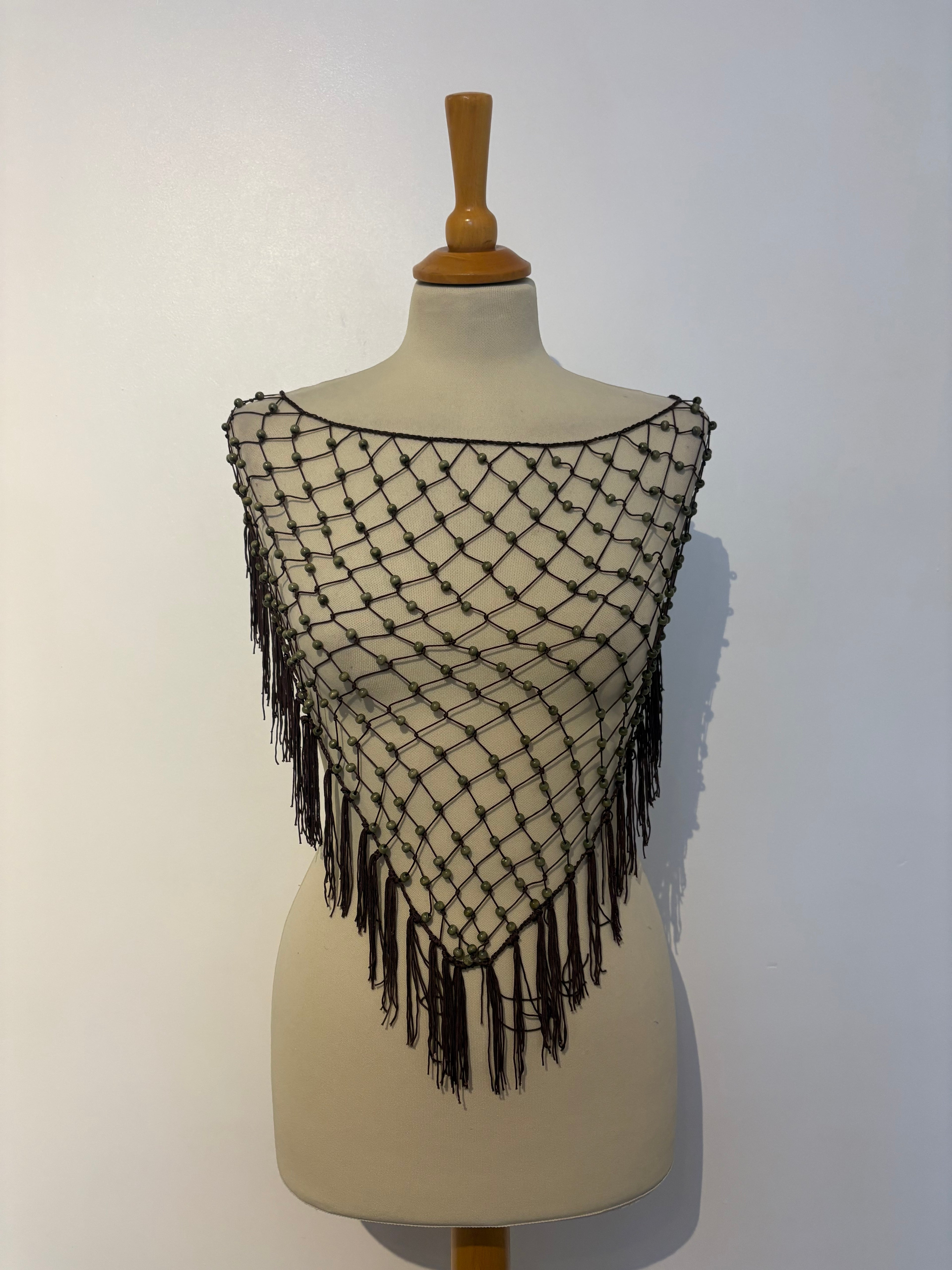 Brown khaki beaded tie-up shawl