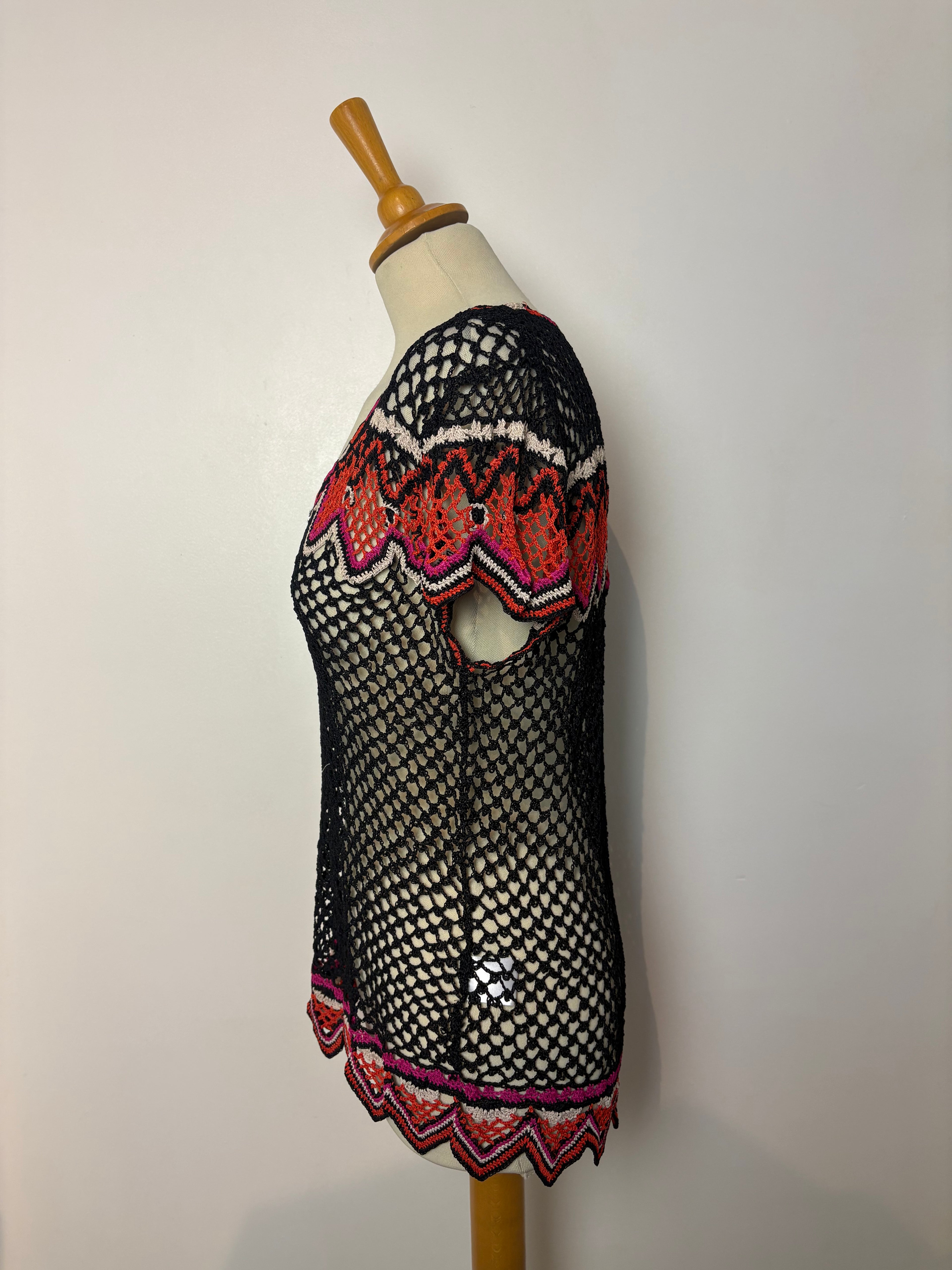 Handmade black crochet pink, orange, white patterned top
