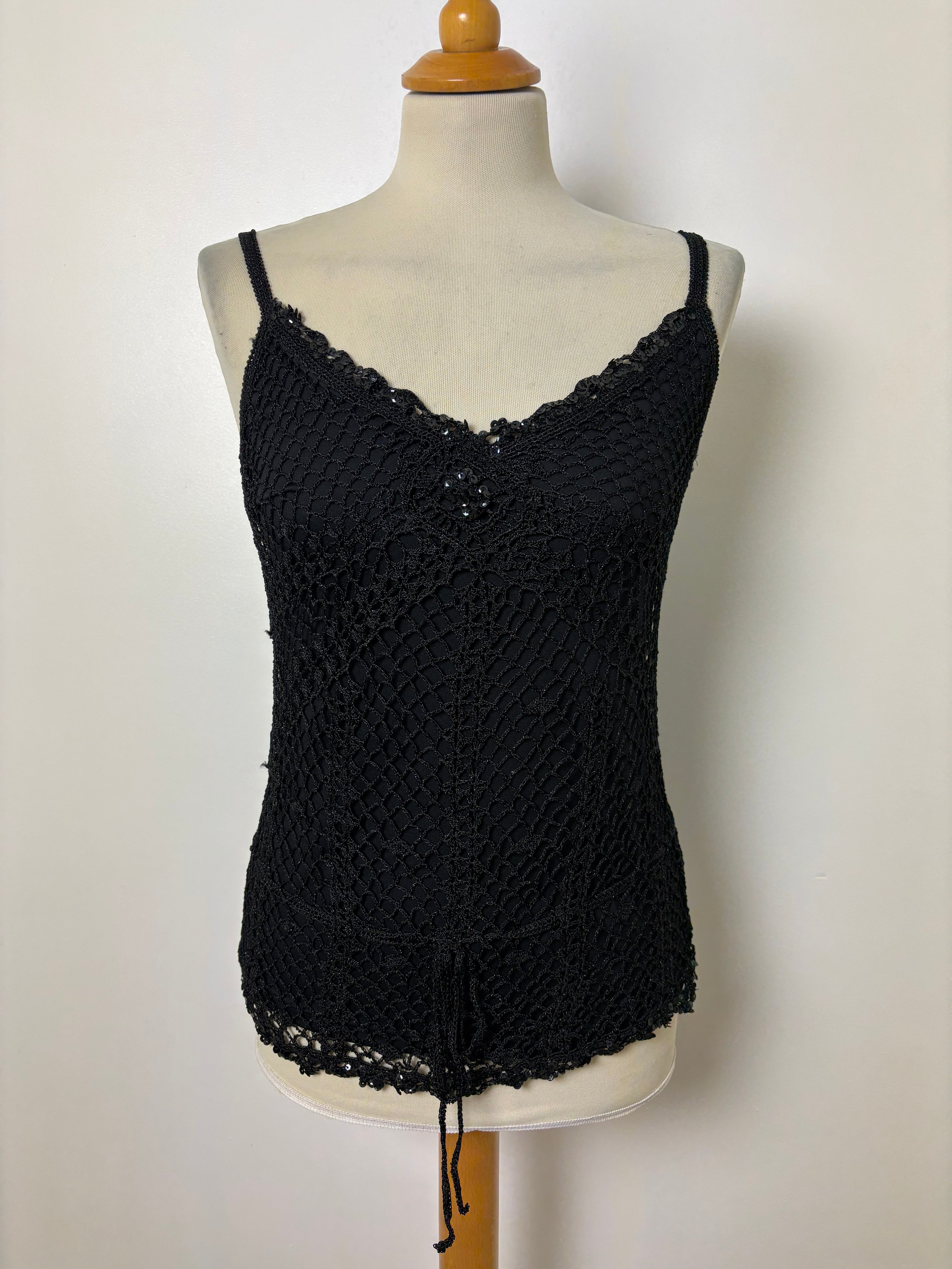 Handmade black crochet sequined lined top