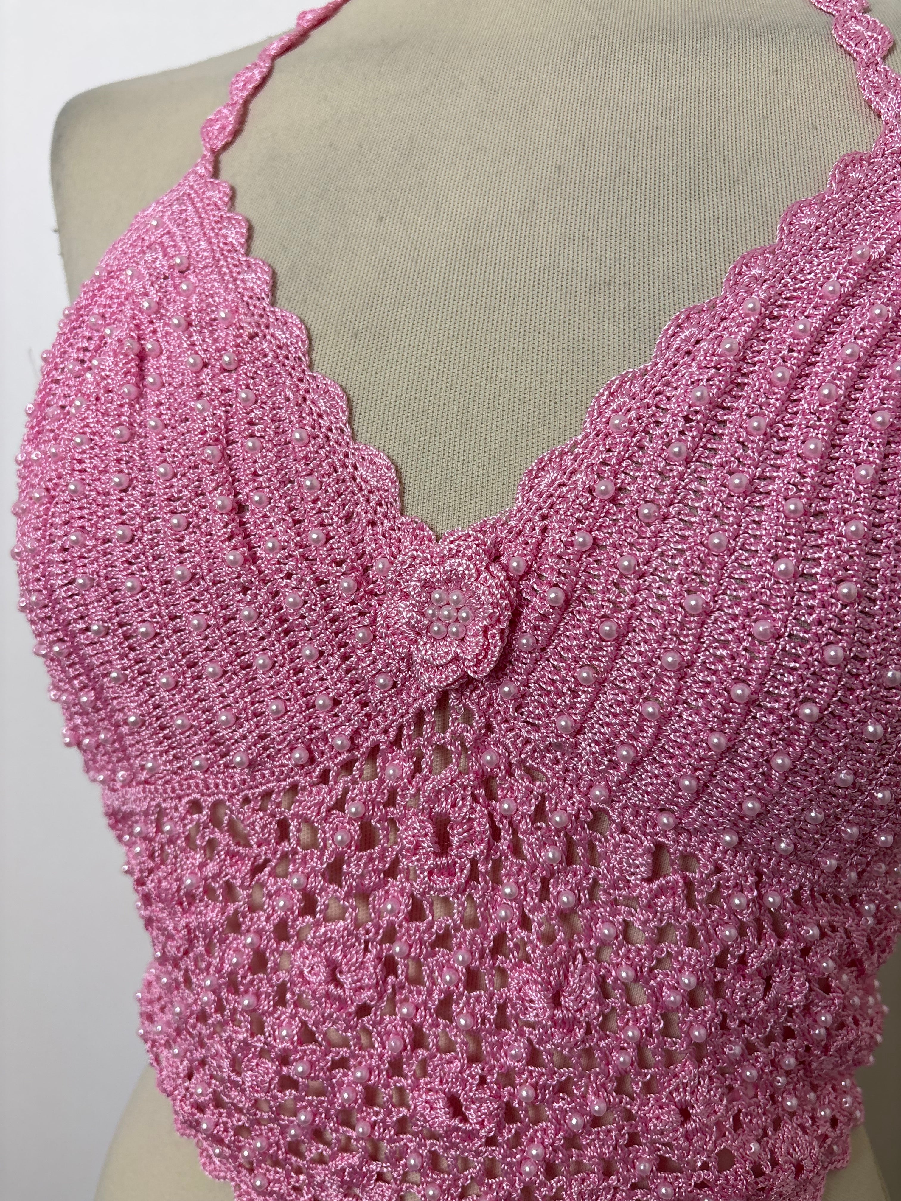 Handmade pink beaded crochet tie-up backless halterneck