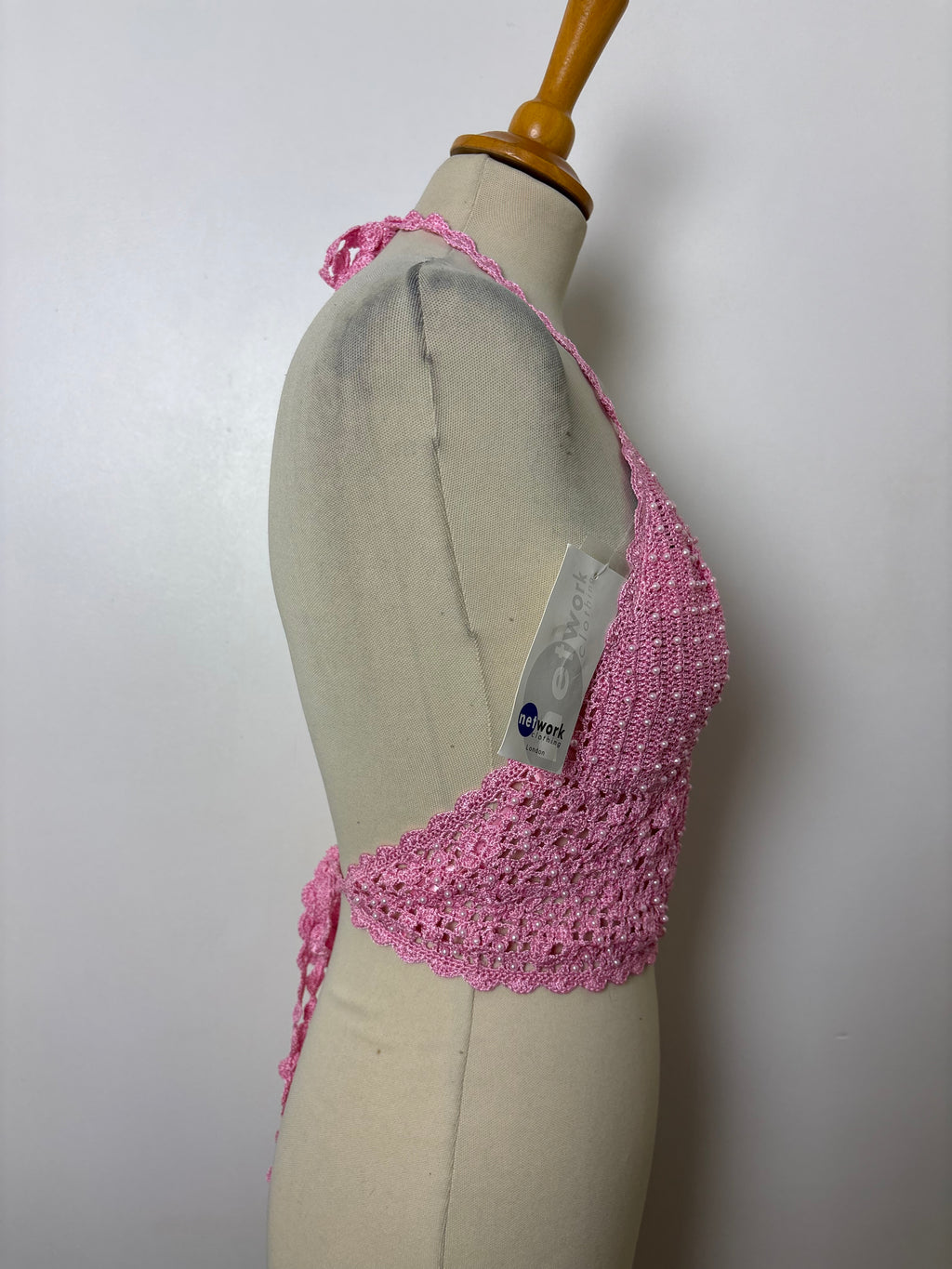 Handmade pink beaded crochet tie-up backless halterneck