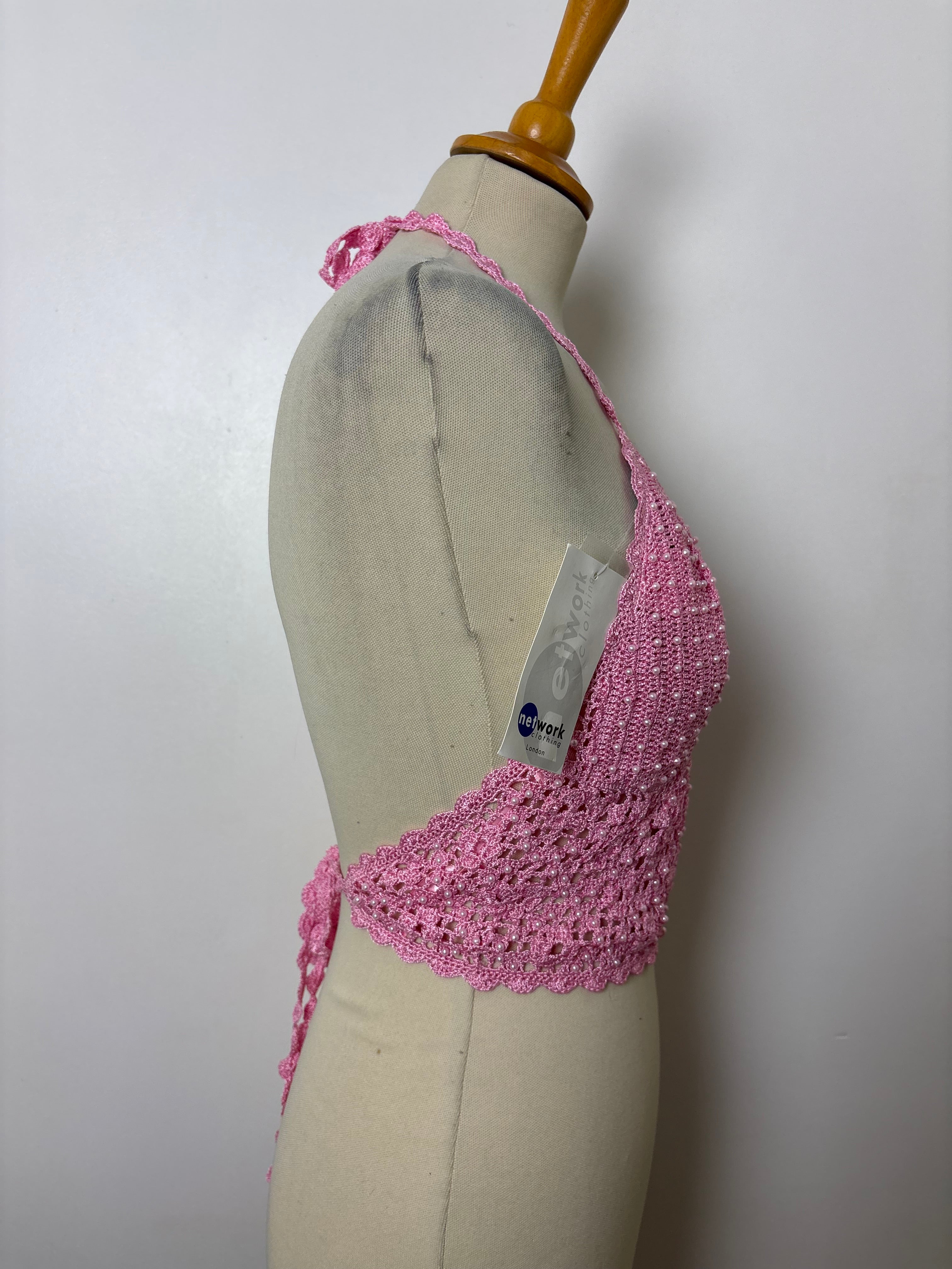 Handmade pink beaded crochet tie-up backless halterneck