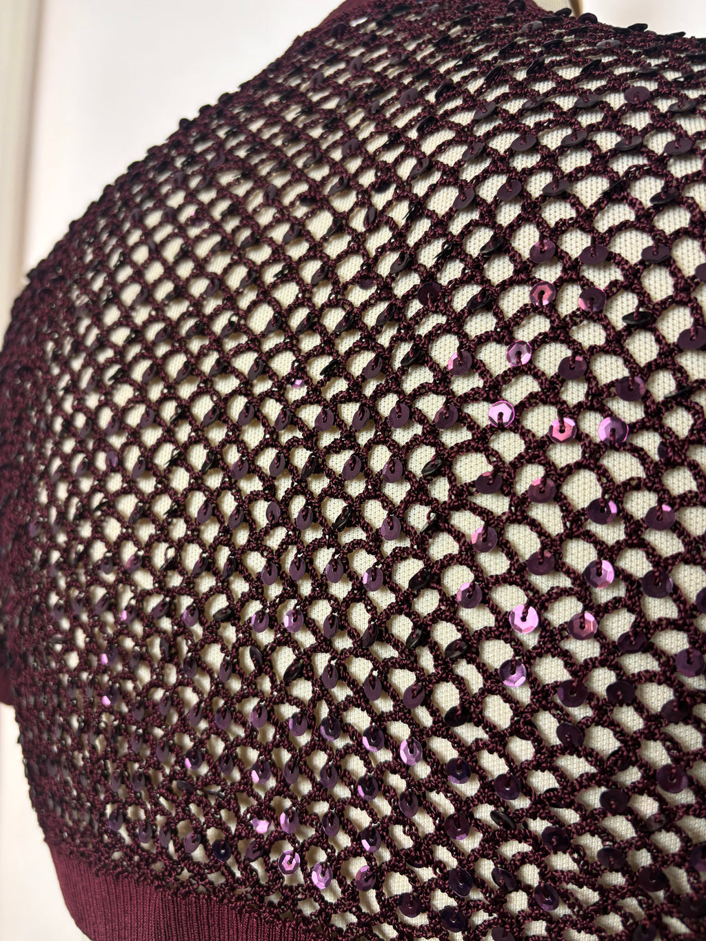 Handmade burgundy crochet sequined bolero