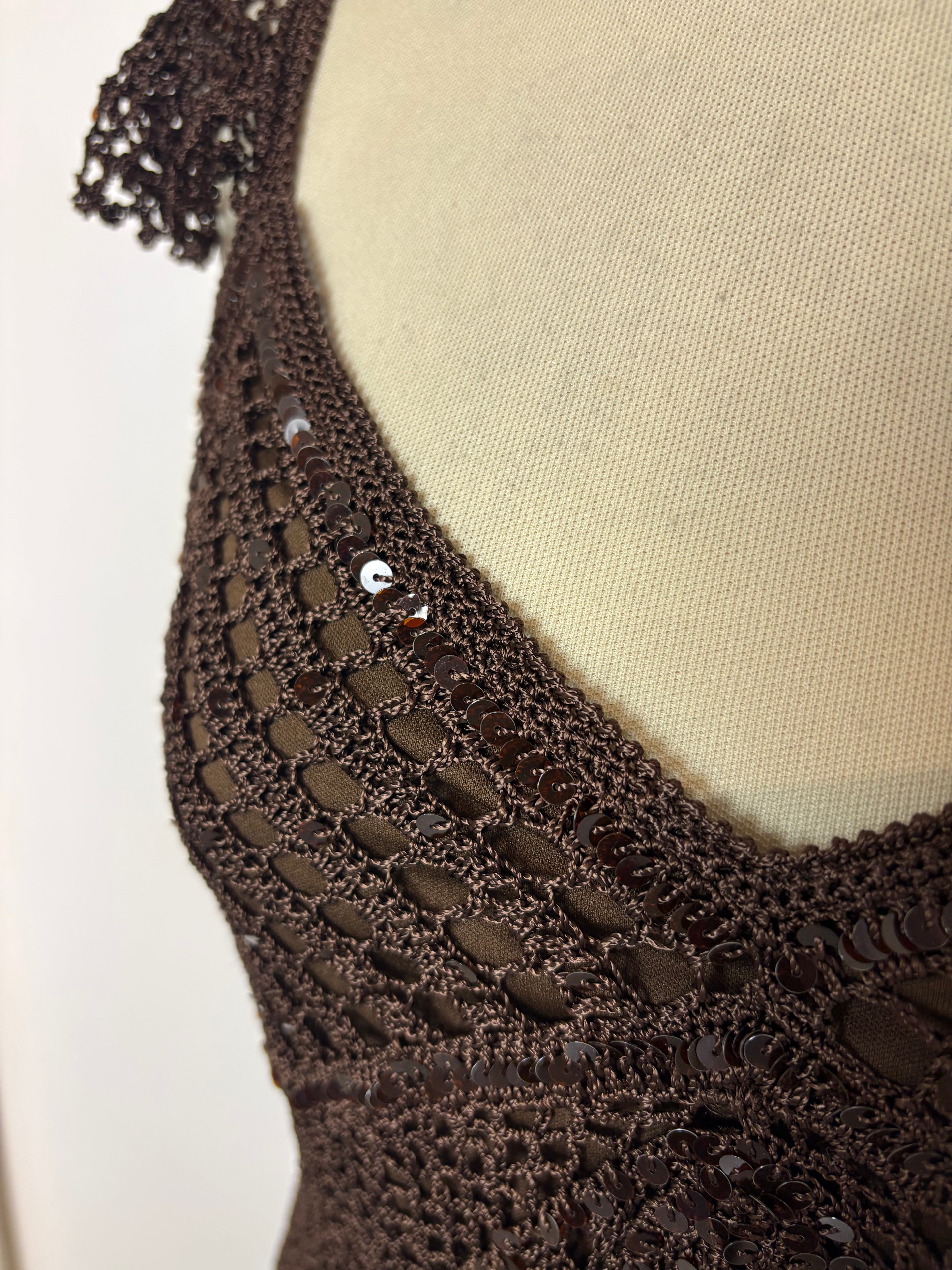 Handmade brown crochet sequined lined long dress