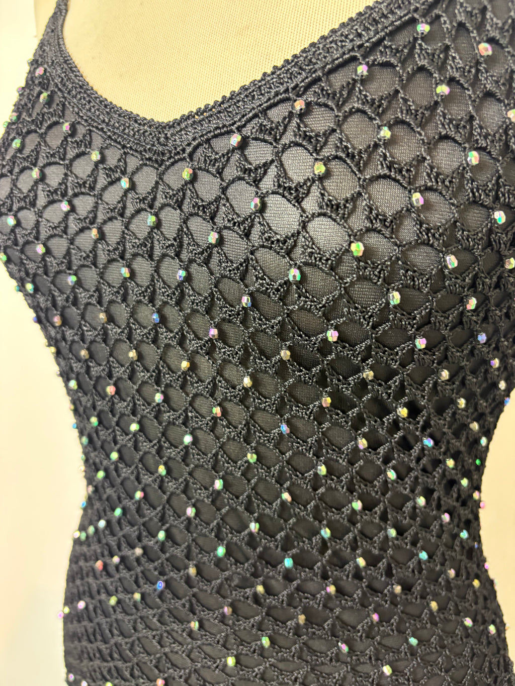 Handmade black crochet iridescent beaded lined dress￼