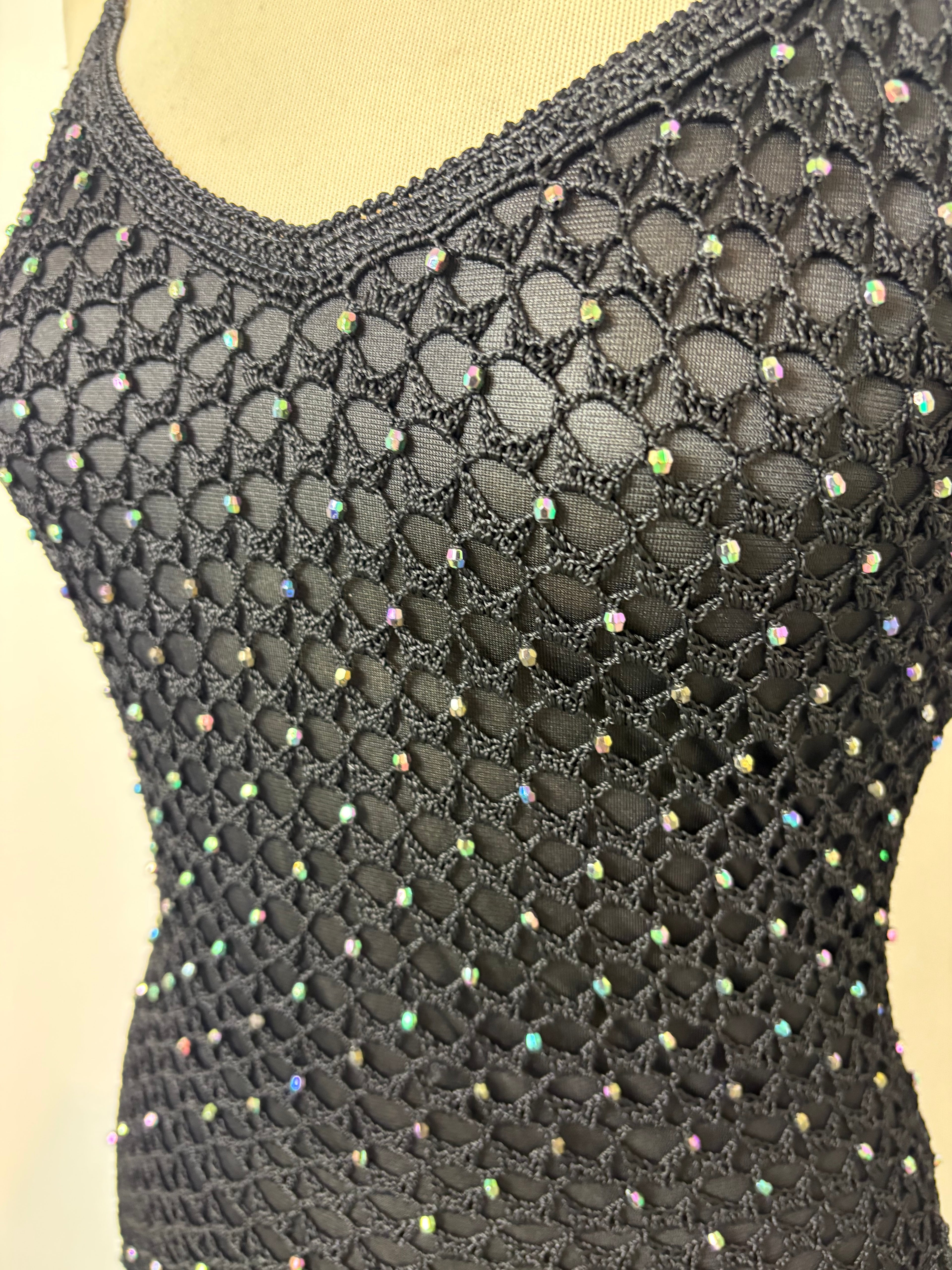 Handmade black crochet iridescent beaded lined dress￼