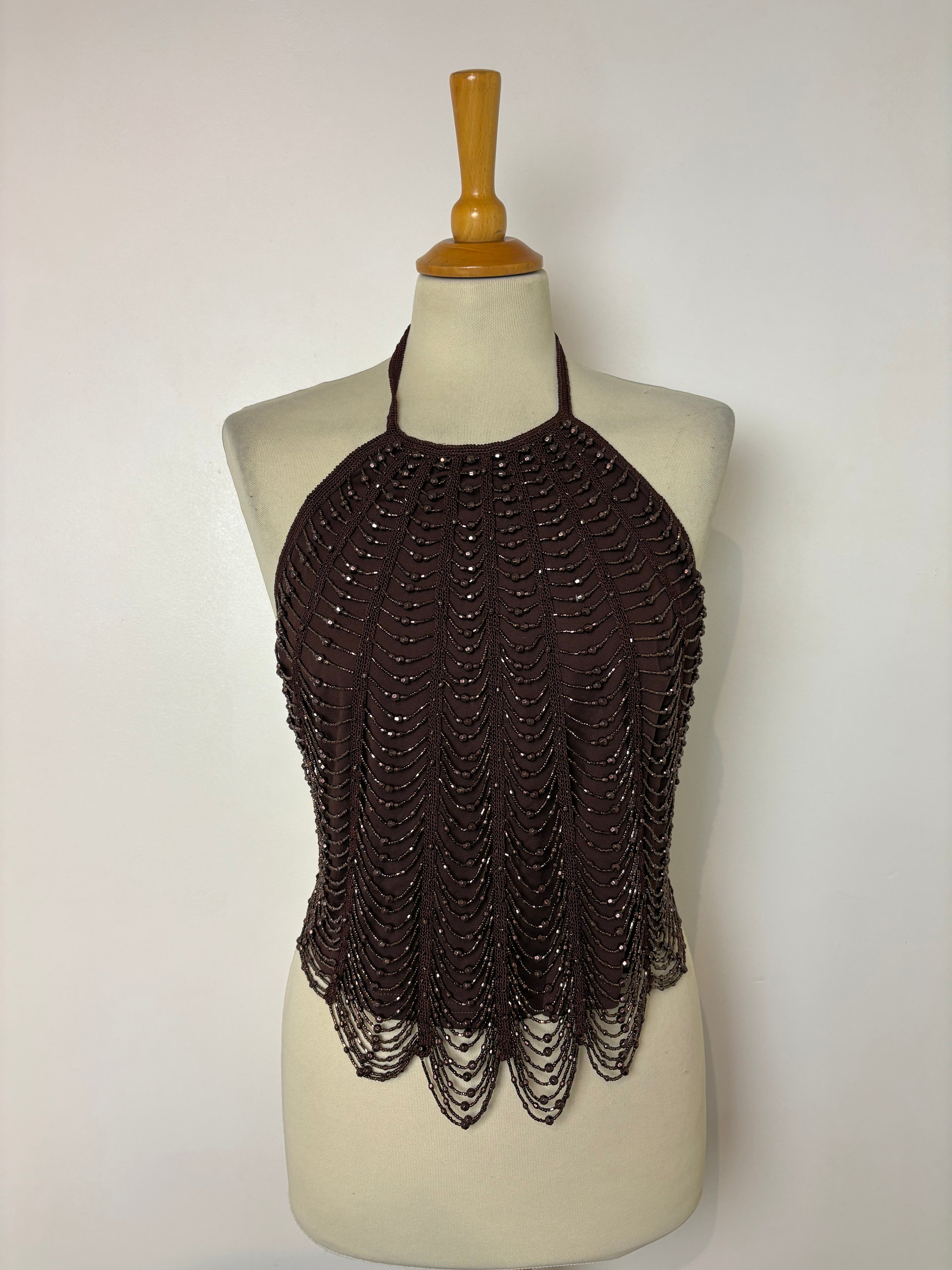 Handmade brown crochet beaded backless halterneck