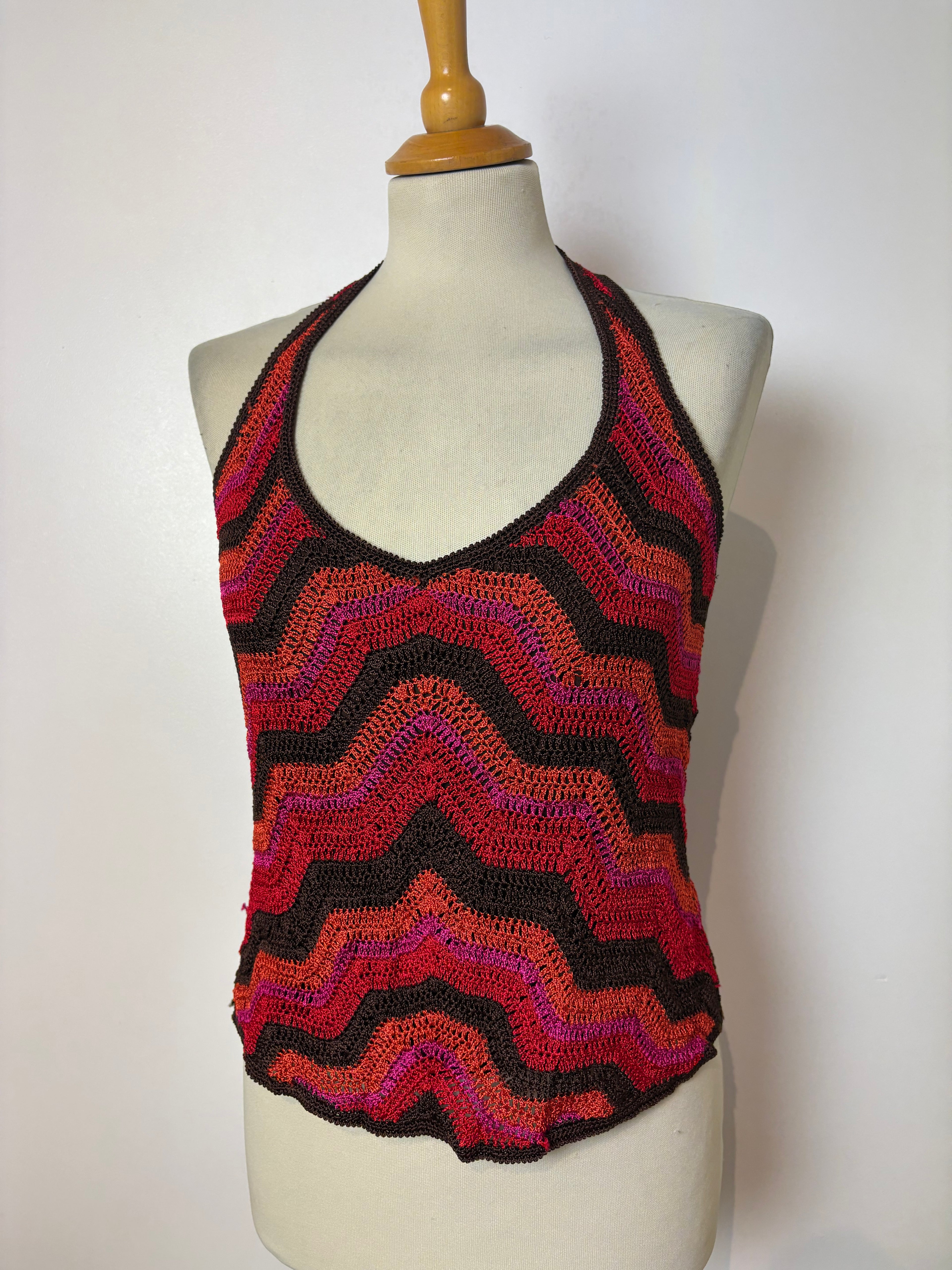 Handmade orange crochet chevron-pattern lined halterneck