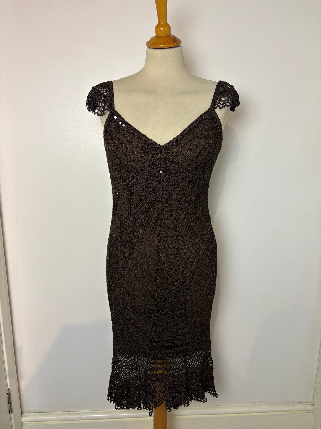 Handmade brown crochet sequined lined long dress